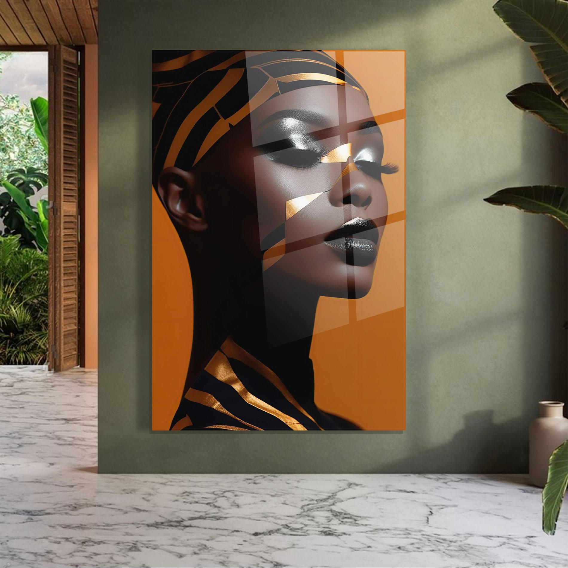 Glasbild African Woman On Orange mockup 7