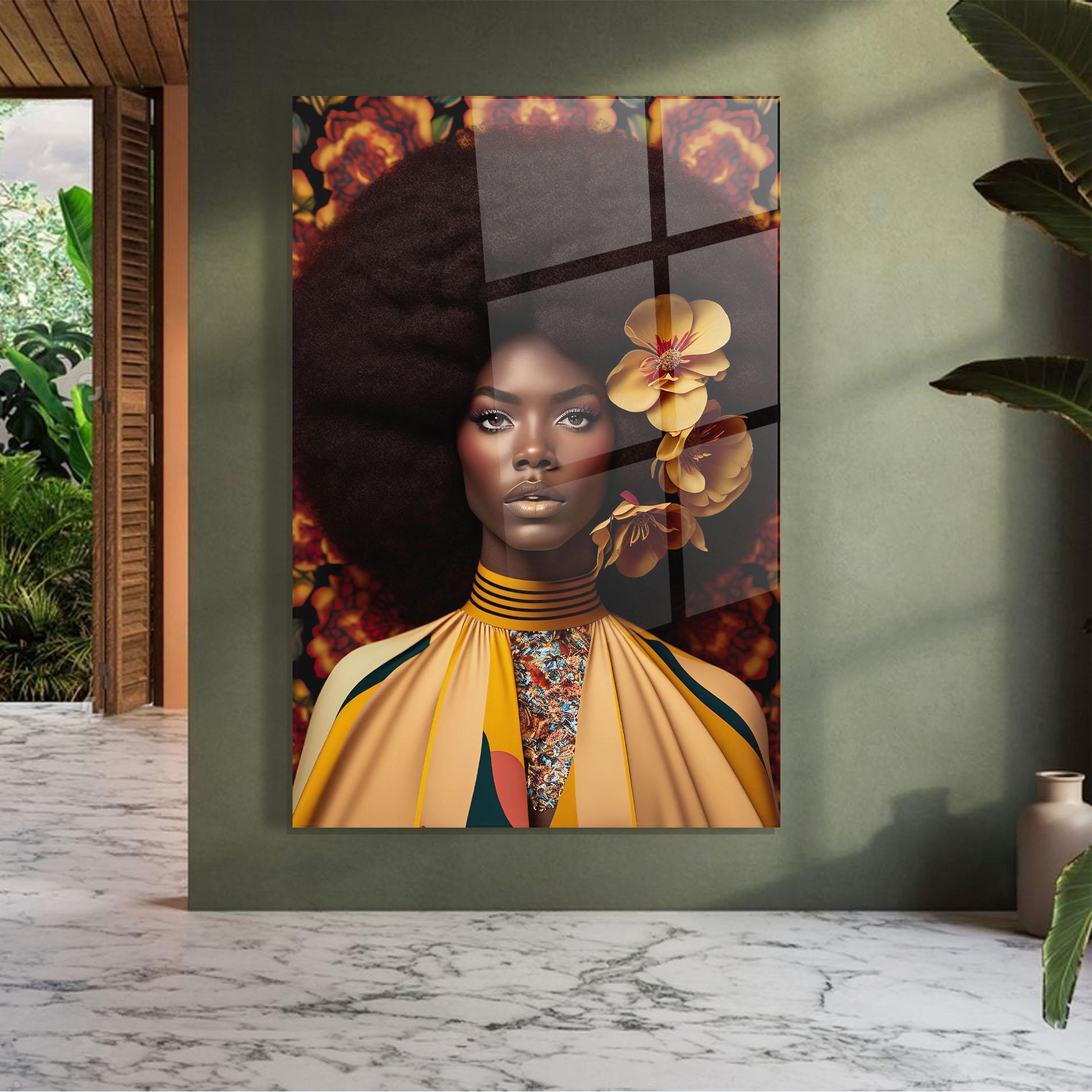 Glasbild Big Yellow Flower Woman mockup 7