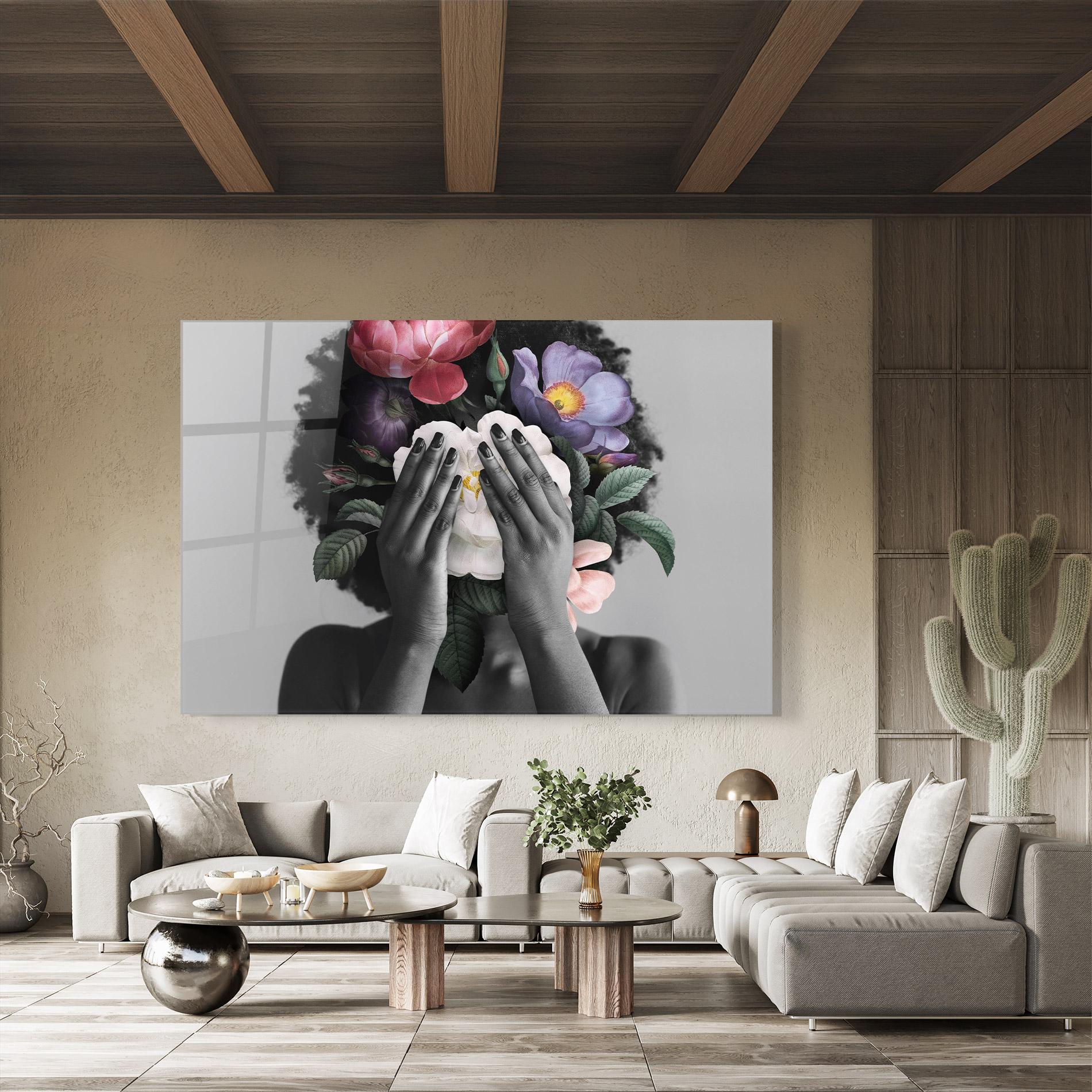 Glasbild African Flowers Woman mockup 8