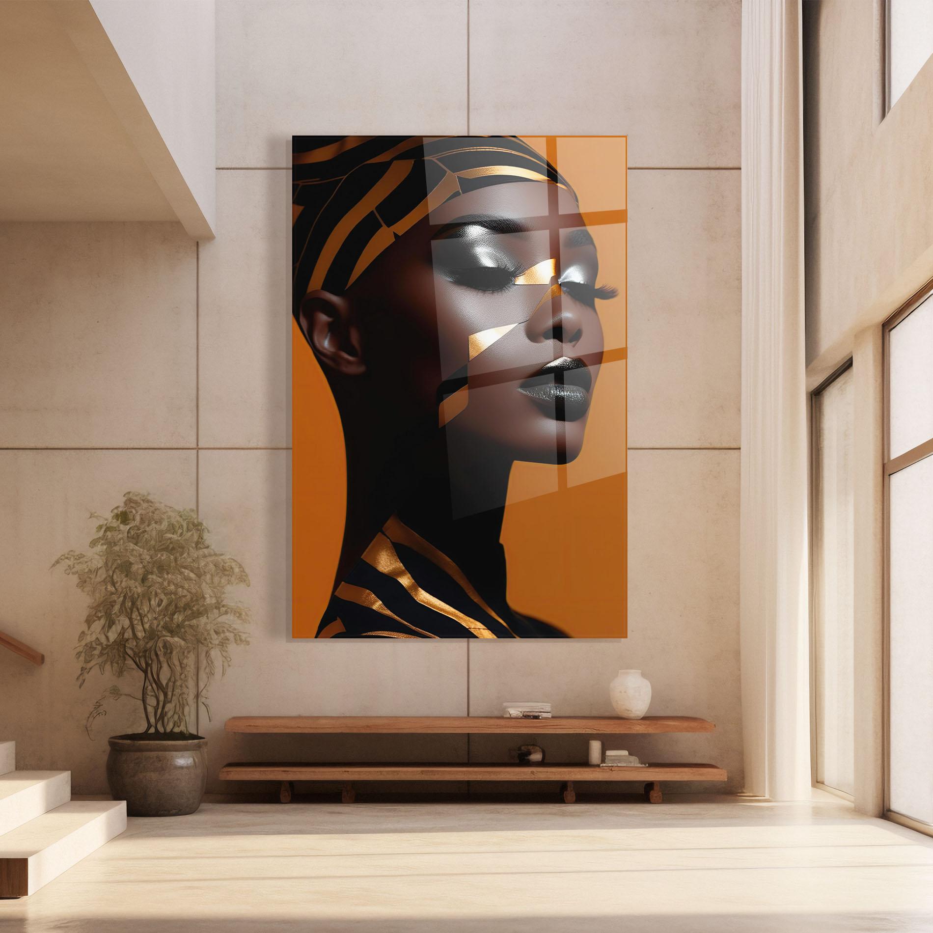 Glasbild African Woman On Orange mockup 8