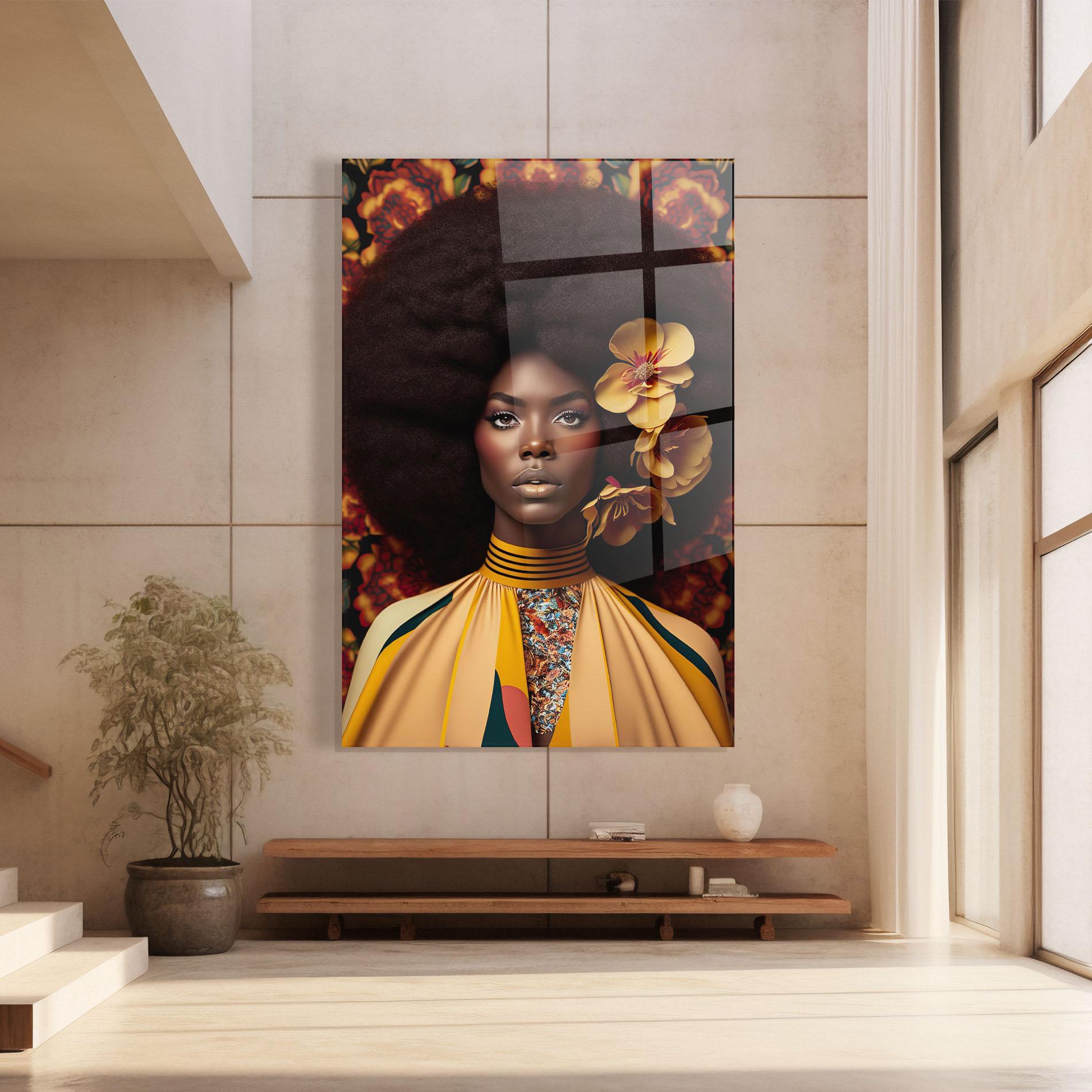 Glasbild Big Yellow Flower Woman mockup 8