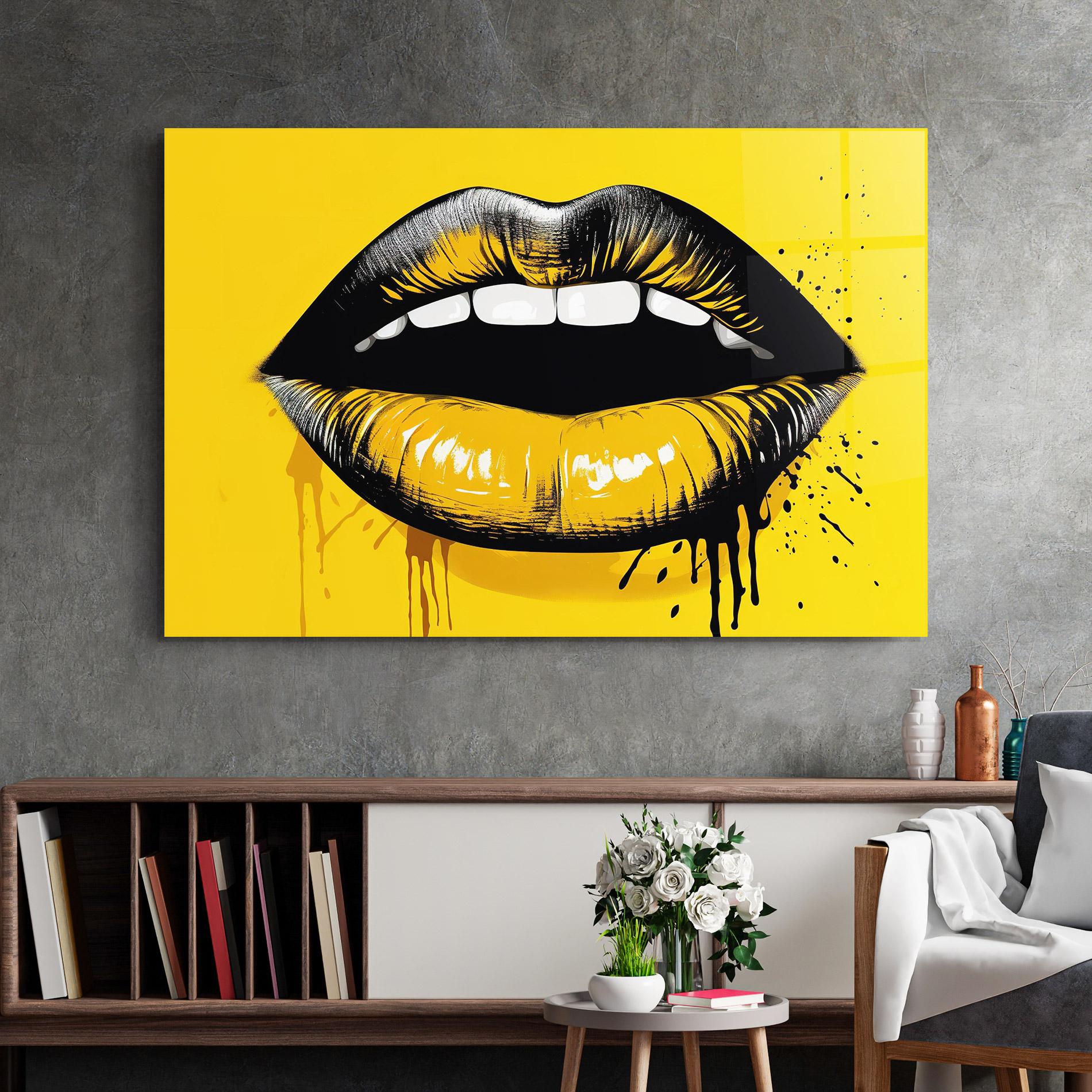 Glasbild Black Yellow Lips mockup 2
