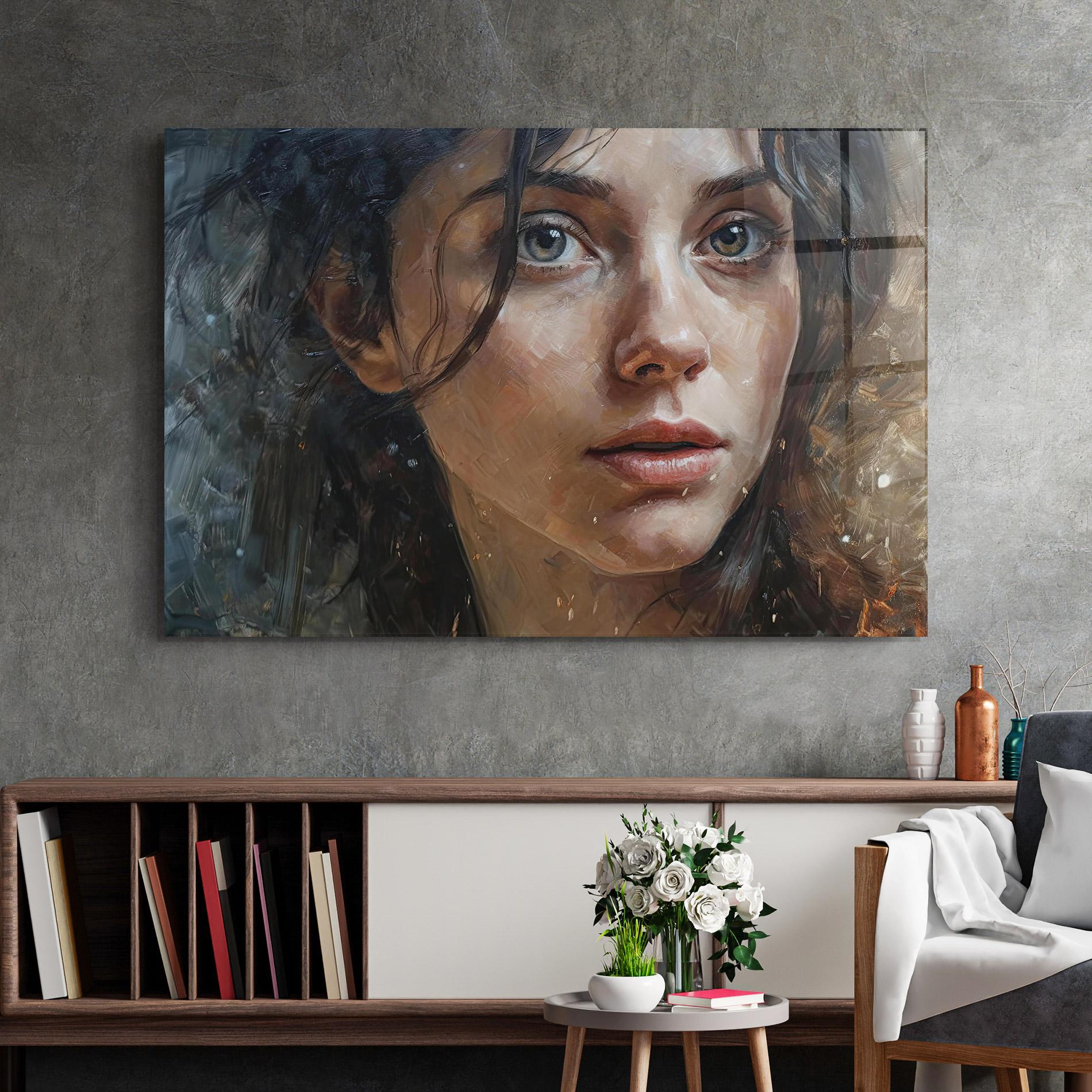 Glasbild Closeup Darkhaired Woman mockup 2