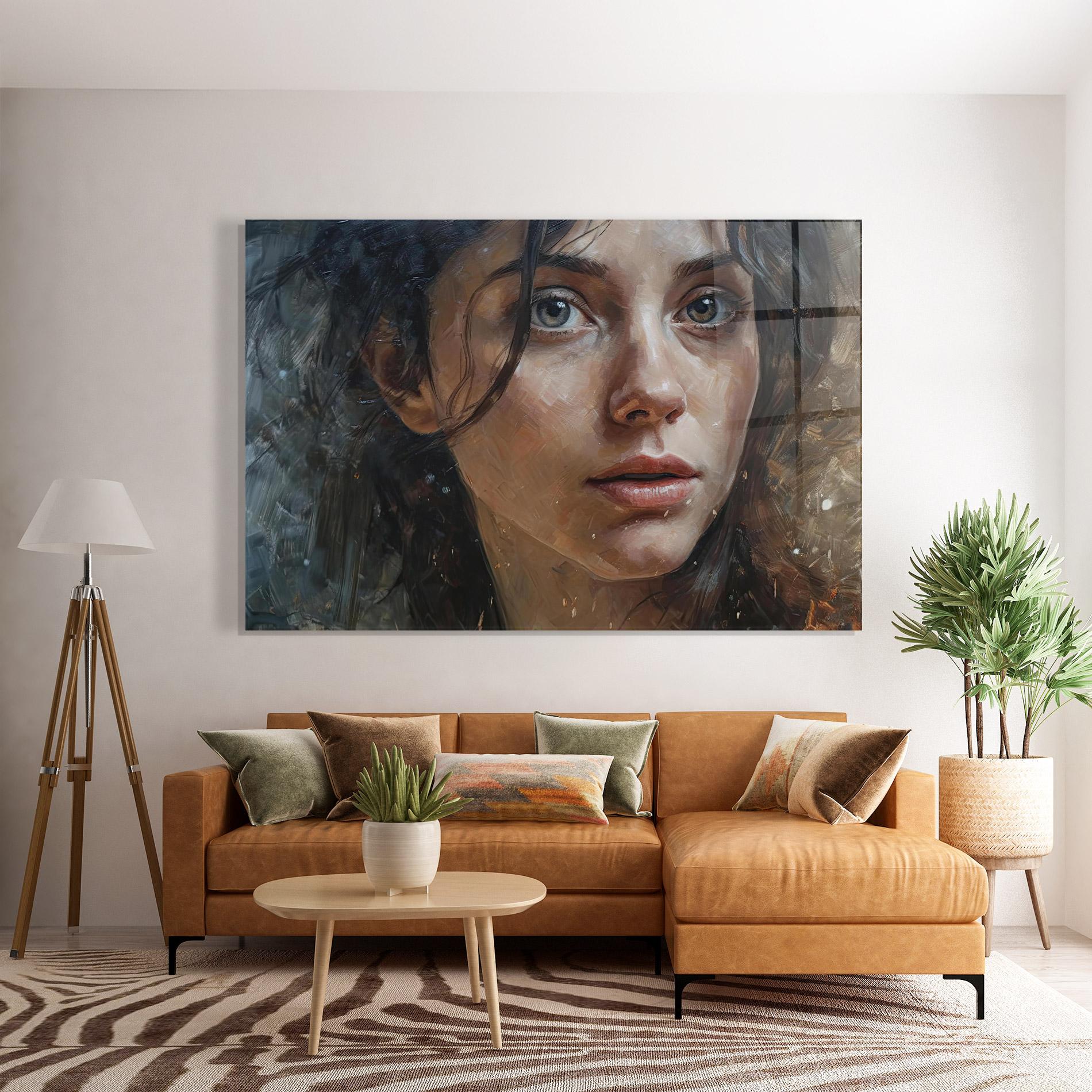 Glasbild Closeup Darkhaired Woman mockup 7