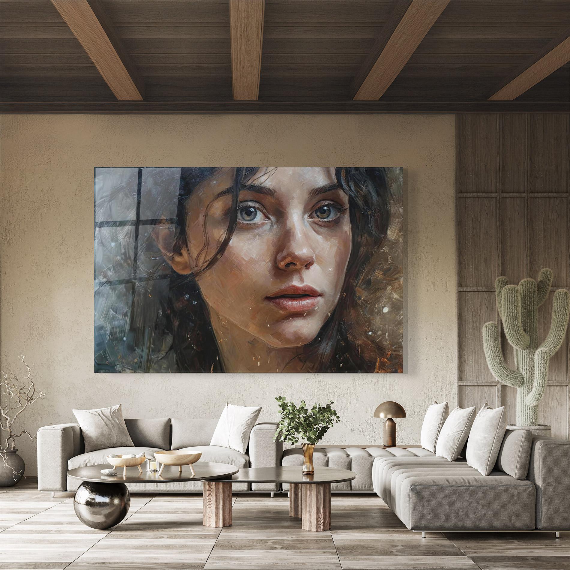 Glasbild Closeup Darkhaired Woman mockup 8