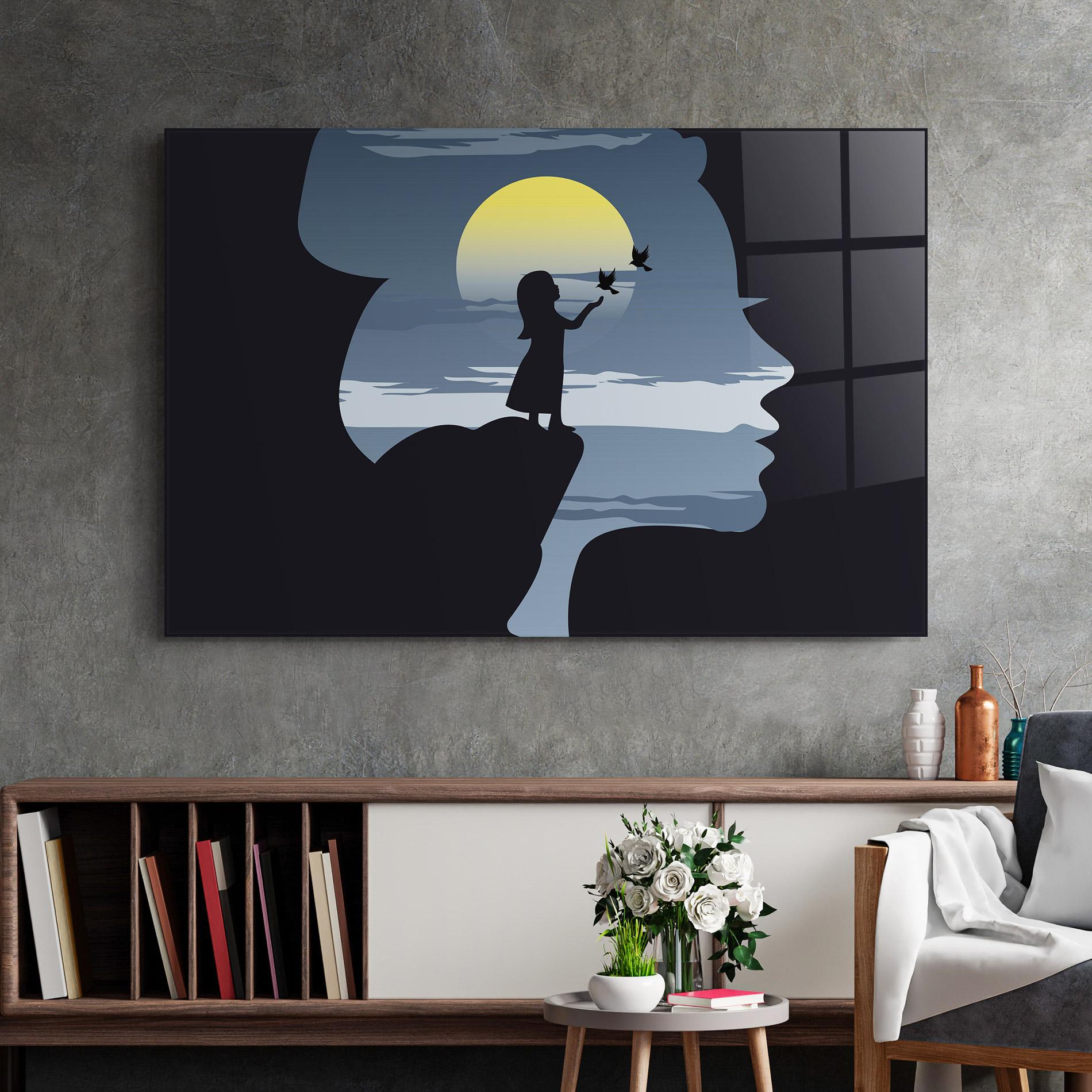 Glasbild Little Girl Birds mockup 2