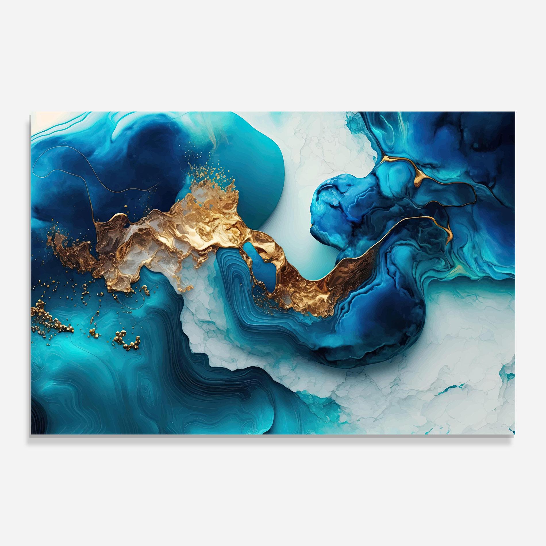 Glasbild Gold Blue Art Wave mockup 0