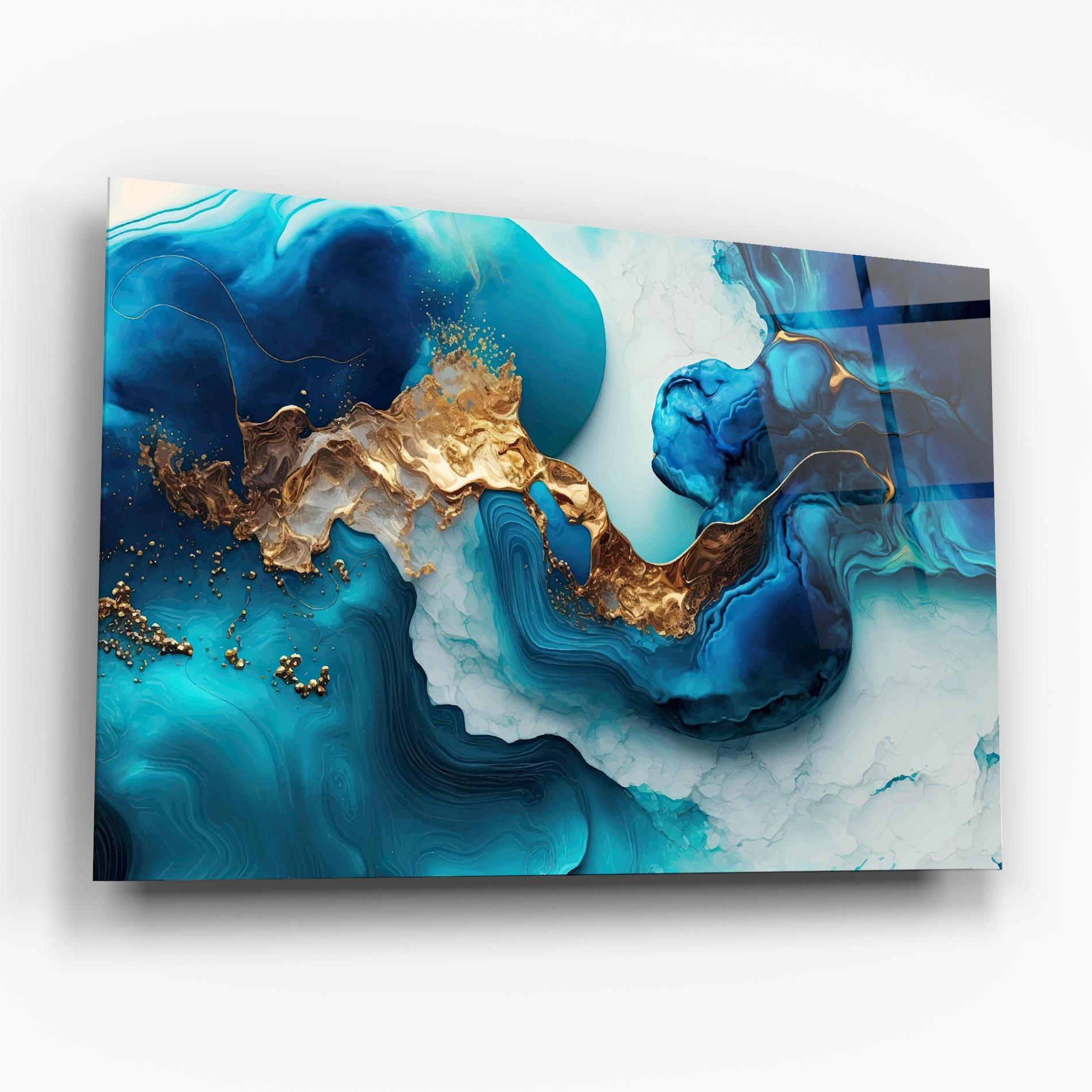Glasbild Gold Blue Art Wave mockup 6