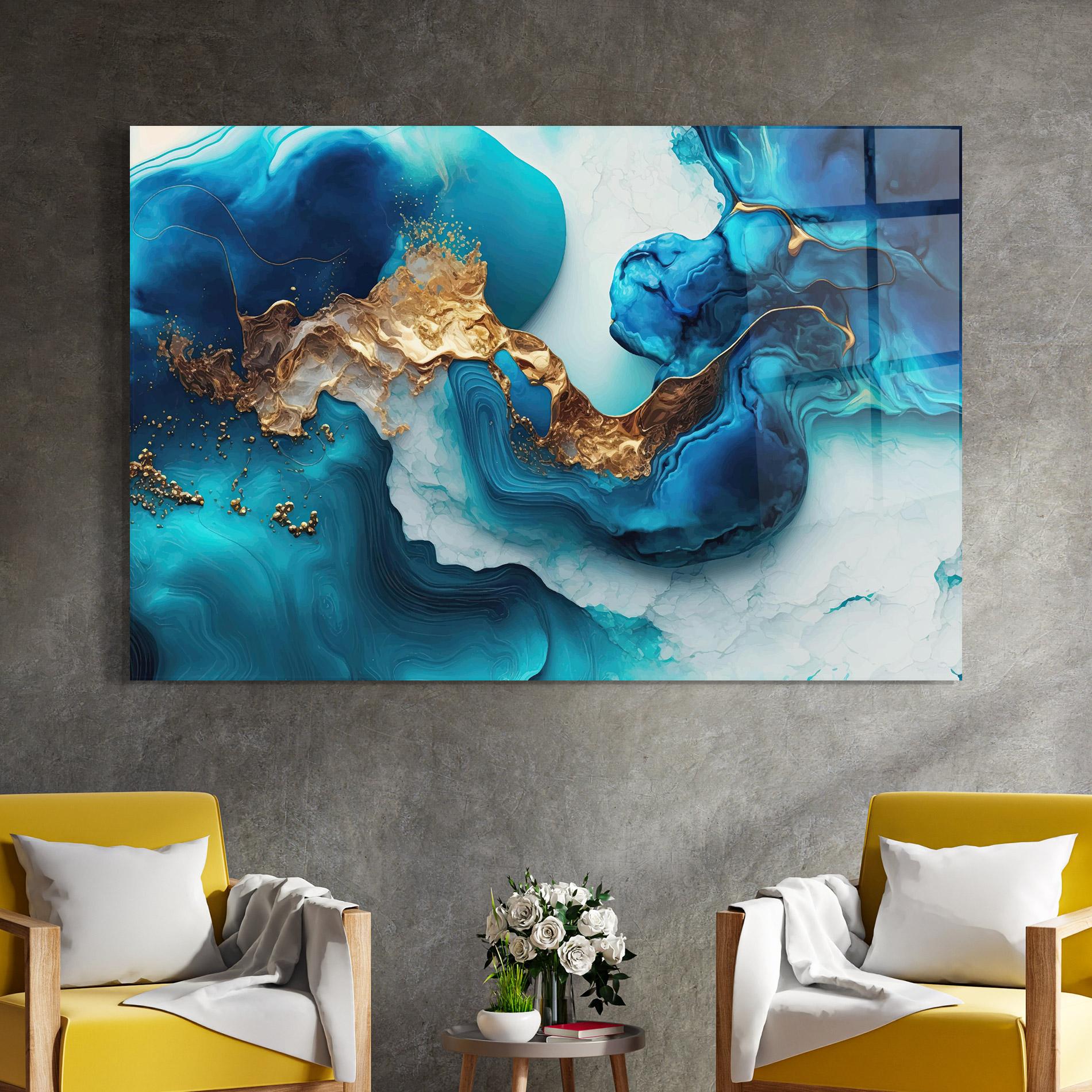 Glasbild Gold Blue Art Wave mockup 4