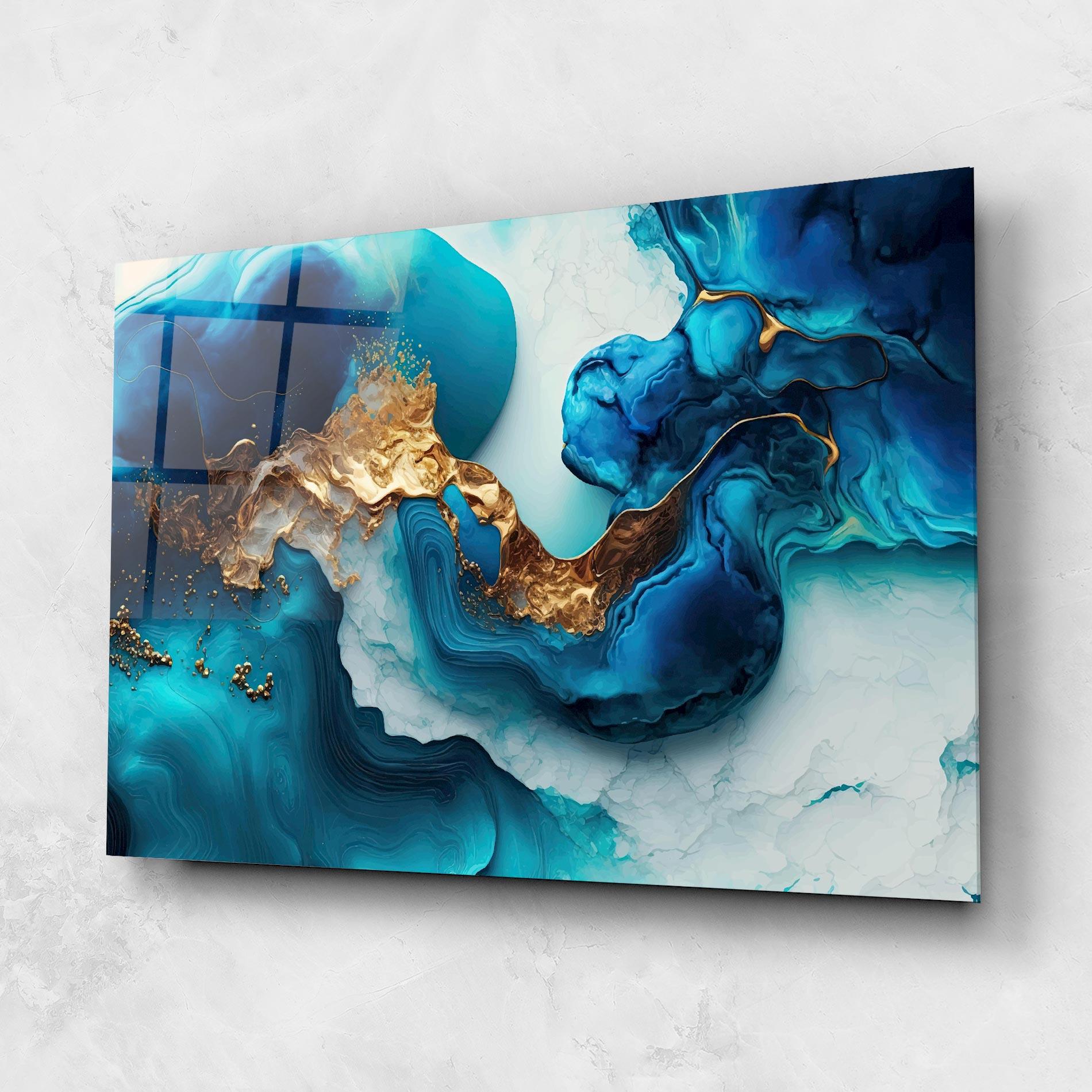 Glasbild Gold Blue Art Wave mockup 1