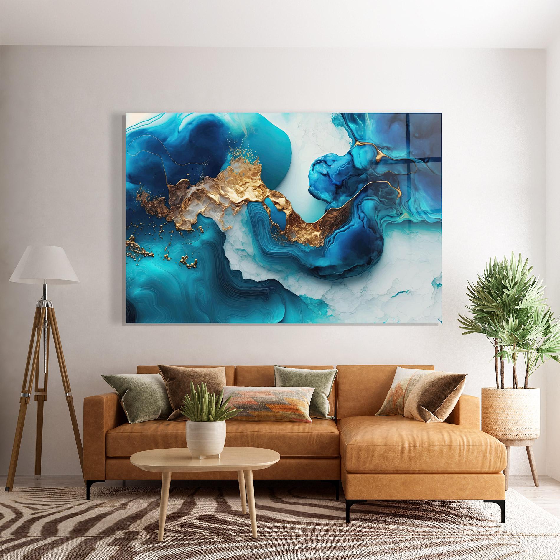 Glasbild Gold Blue Art Wave mockup 7