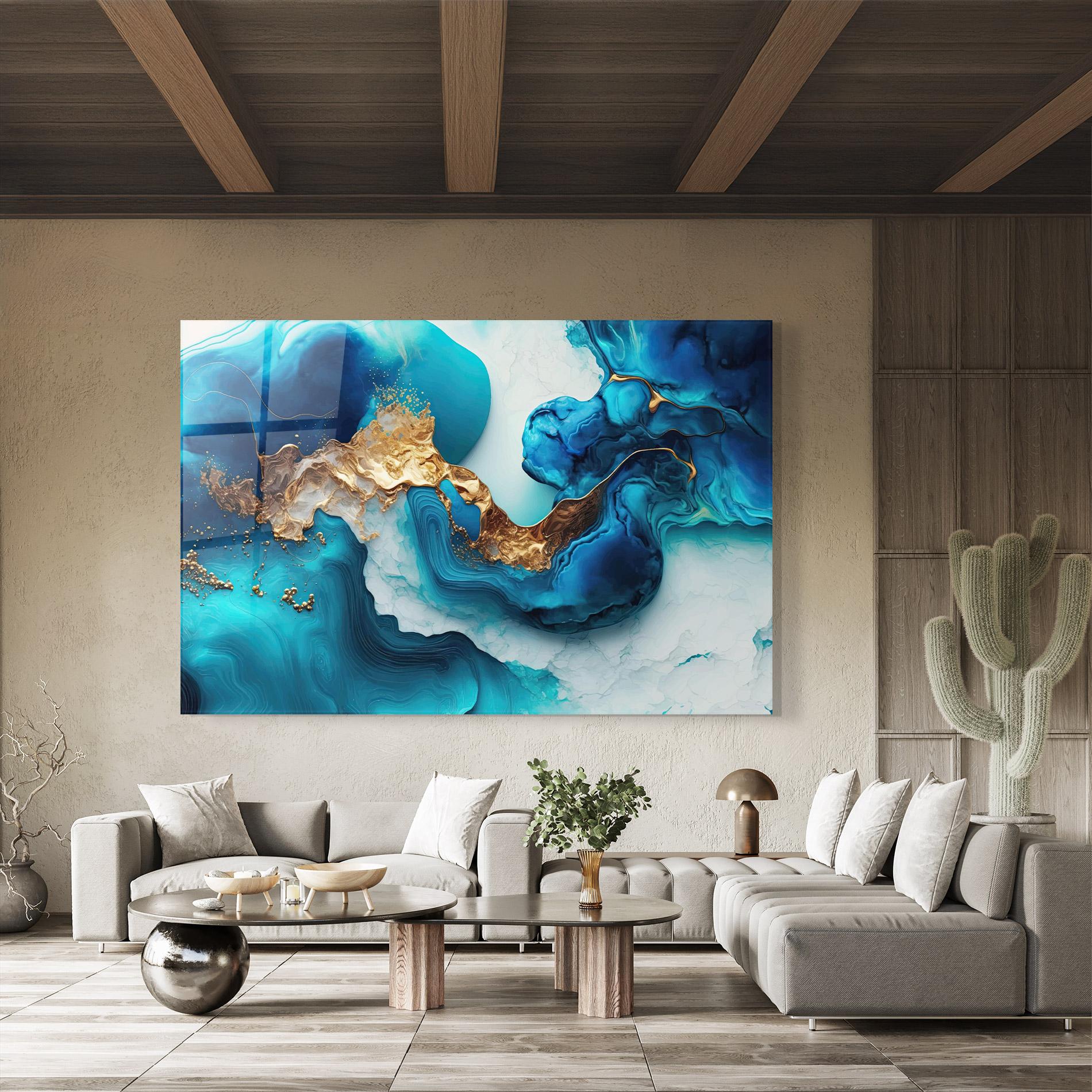 Glasbild Gold Blue Art Wave mockup 8