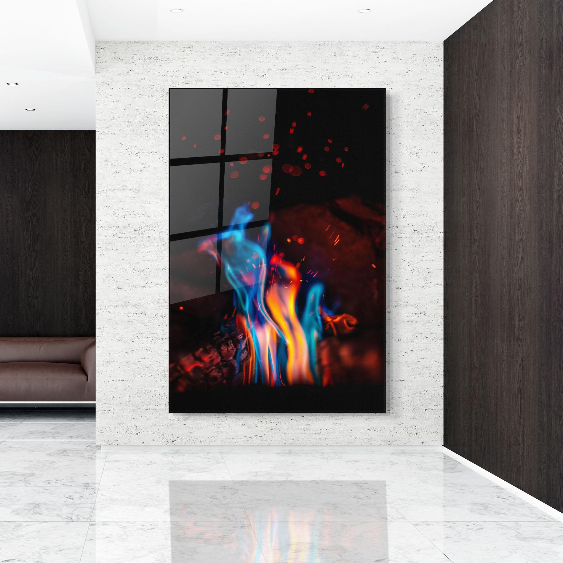 Glasbild Blue Orange Fire mockup 9