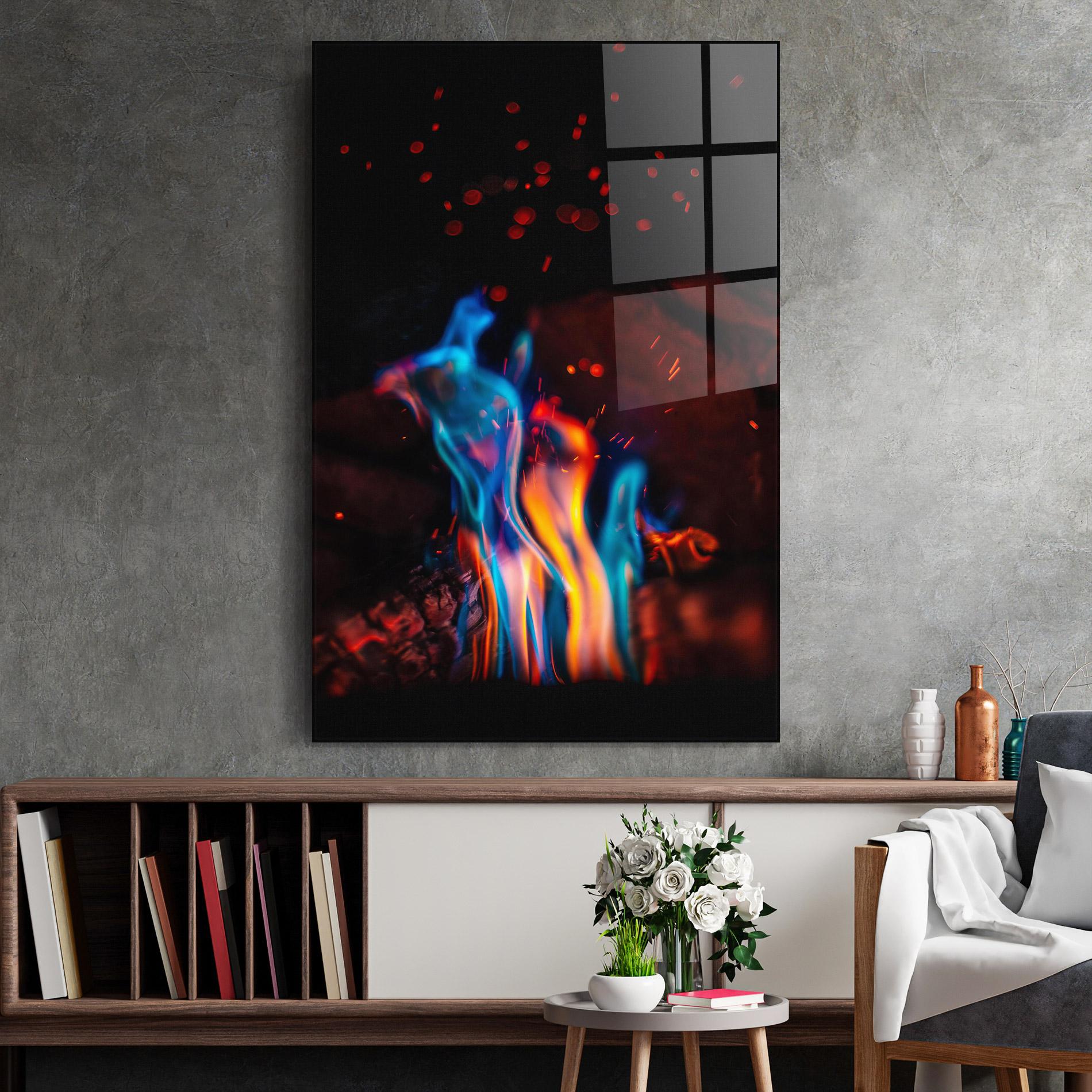 Glasbild Blue Orange Fire mockup 2