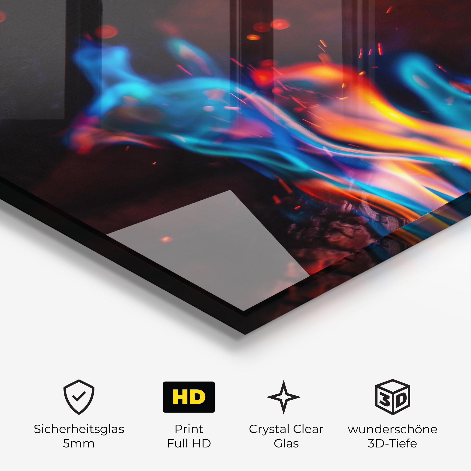 Glasbild Blue Orange Fire mockup 3