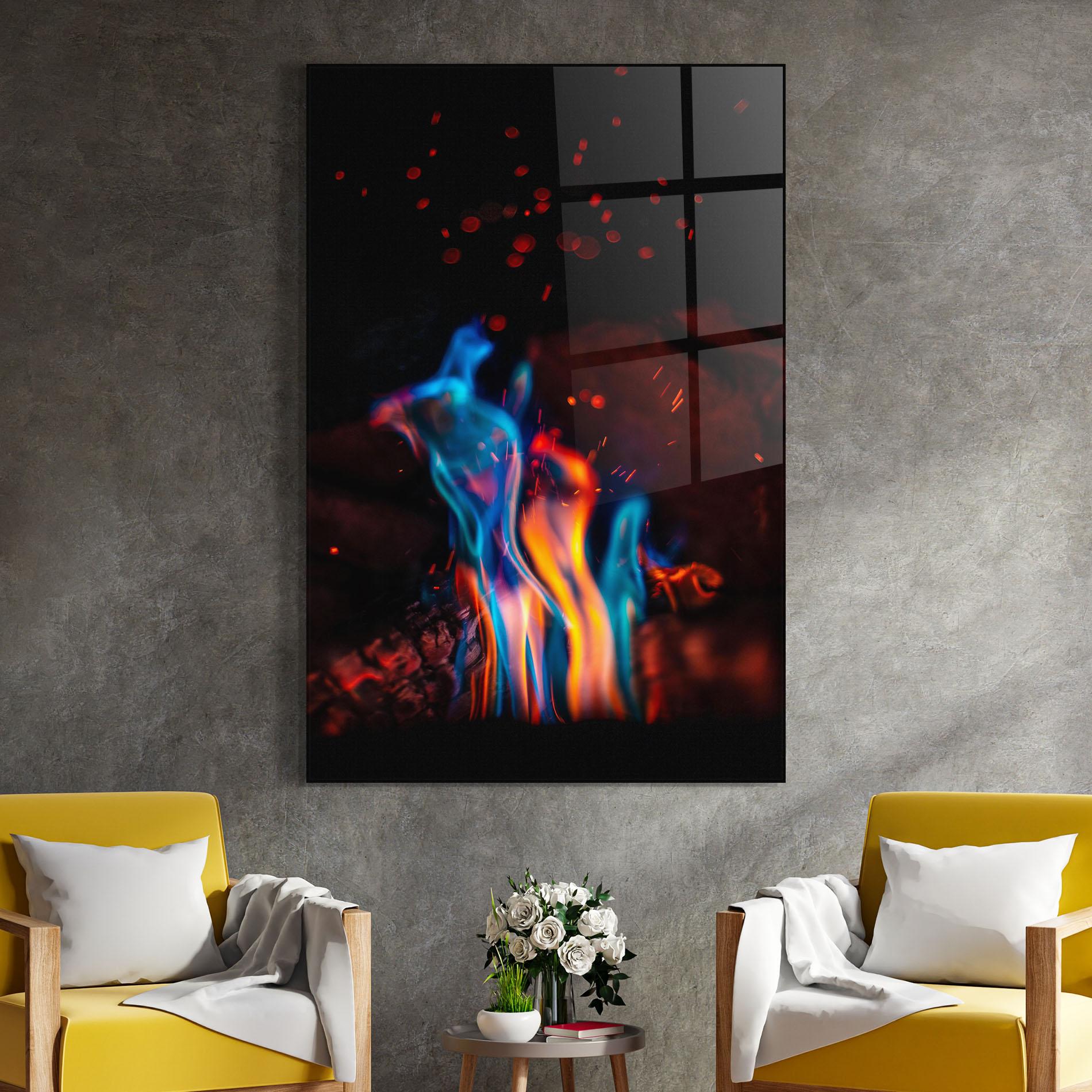 Glasbild Blue Orange Fire mockup 4