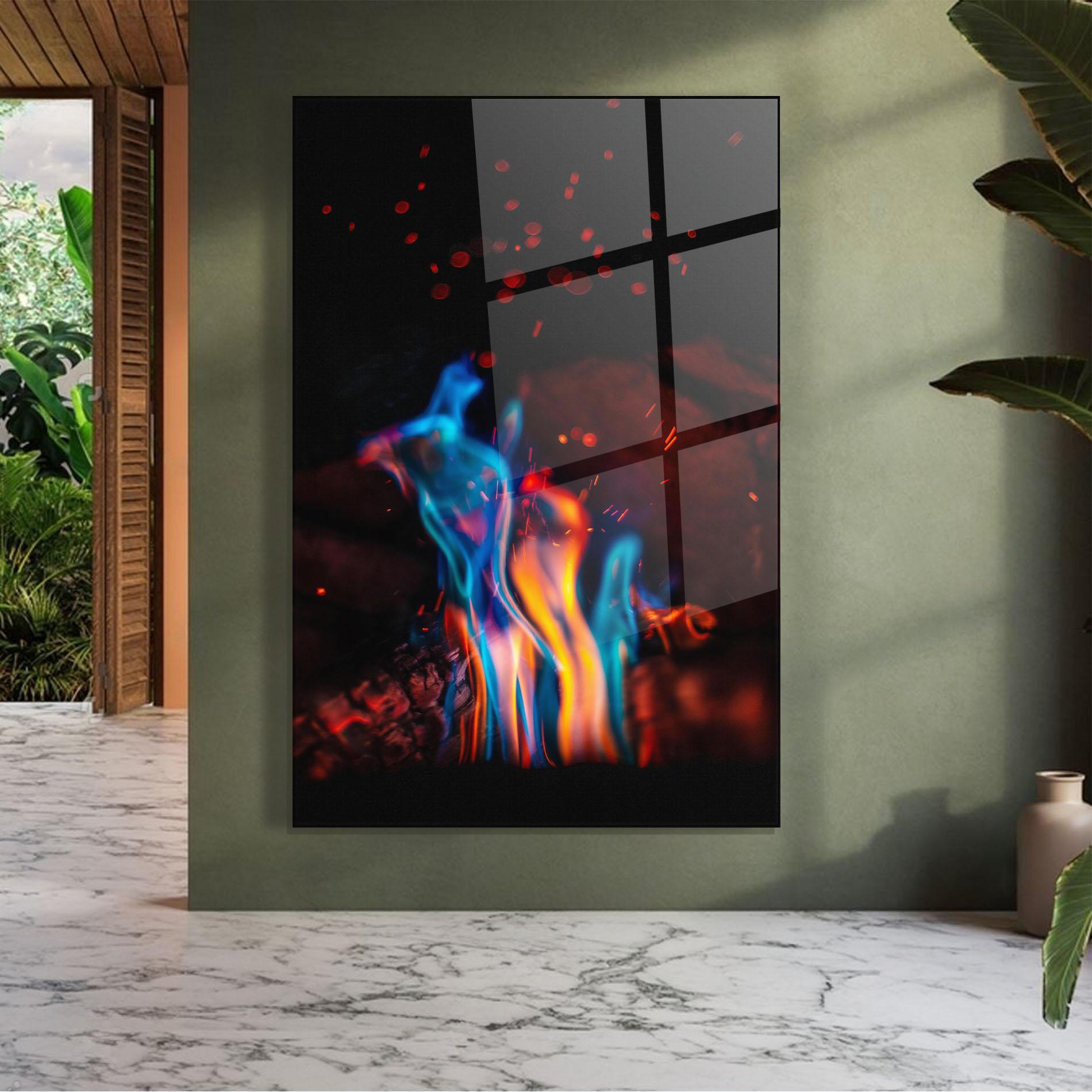 Glasbild Blue Orange Fire mockup 7