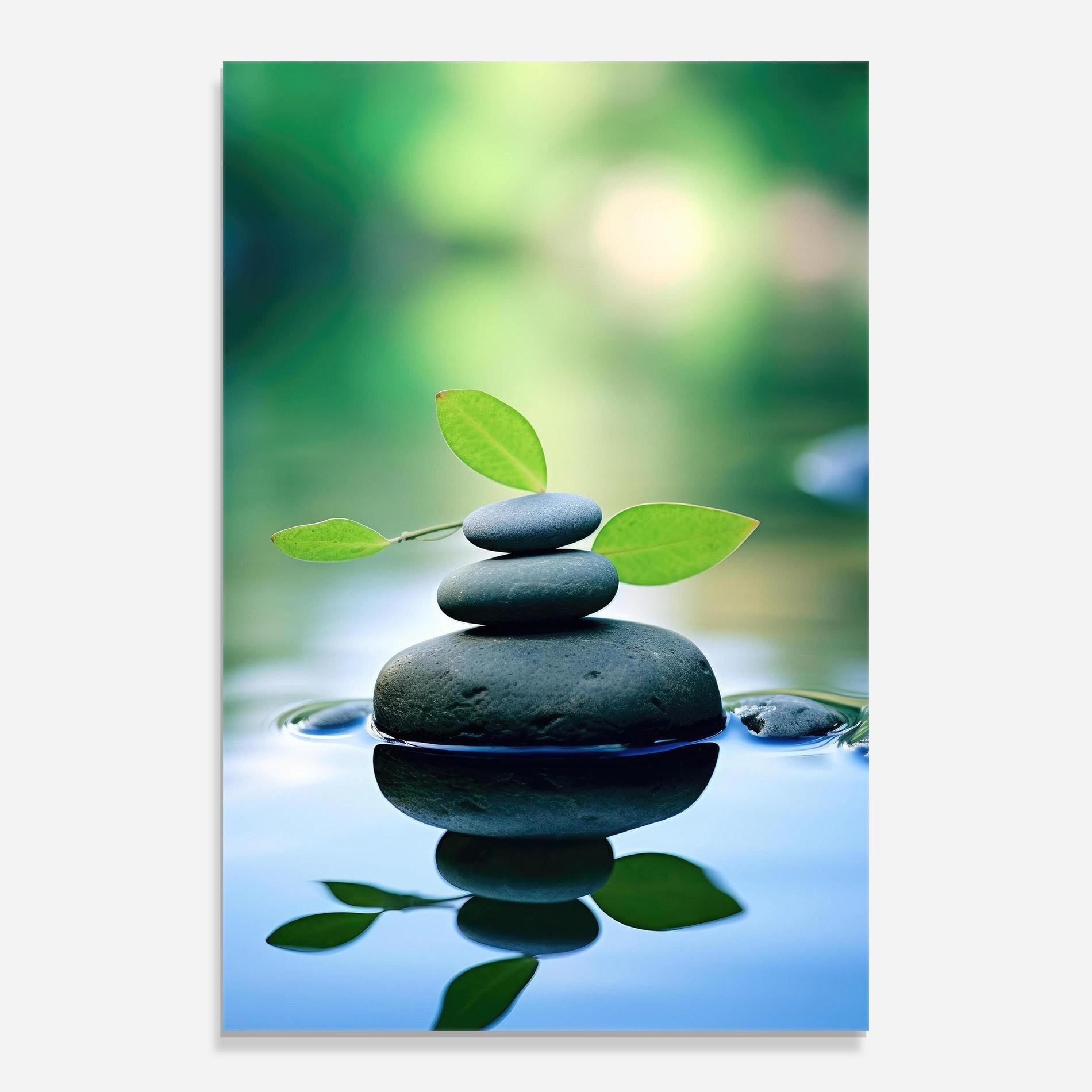 Glasbild Stones Green Leaves mockup 0