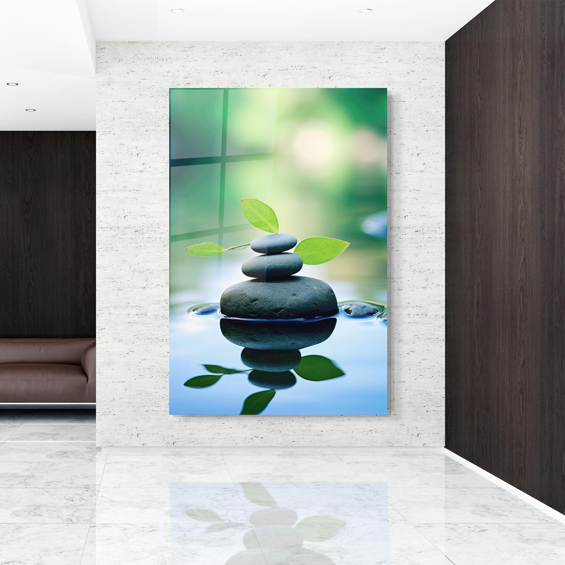 Glasbild Stones Green Leaves mockup 9