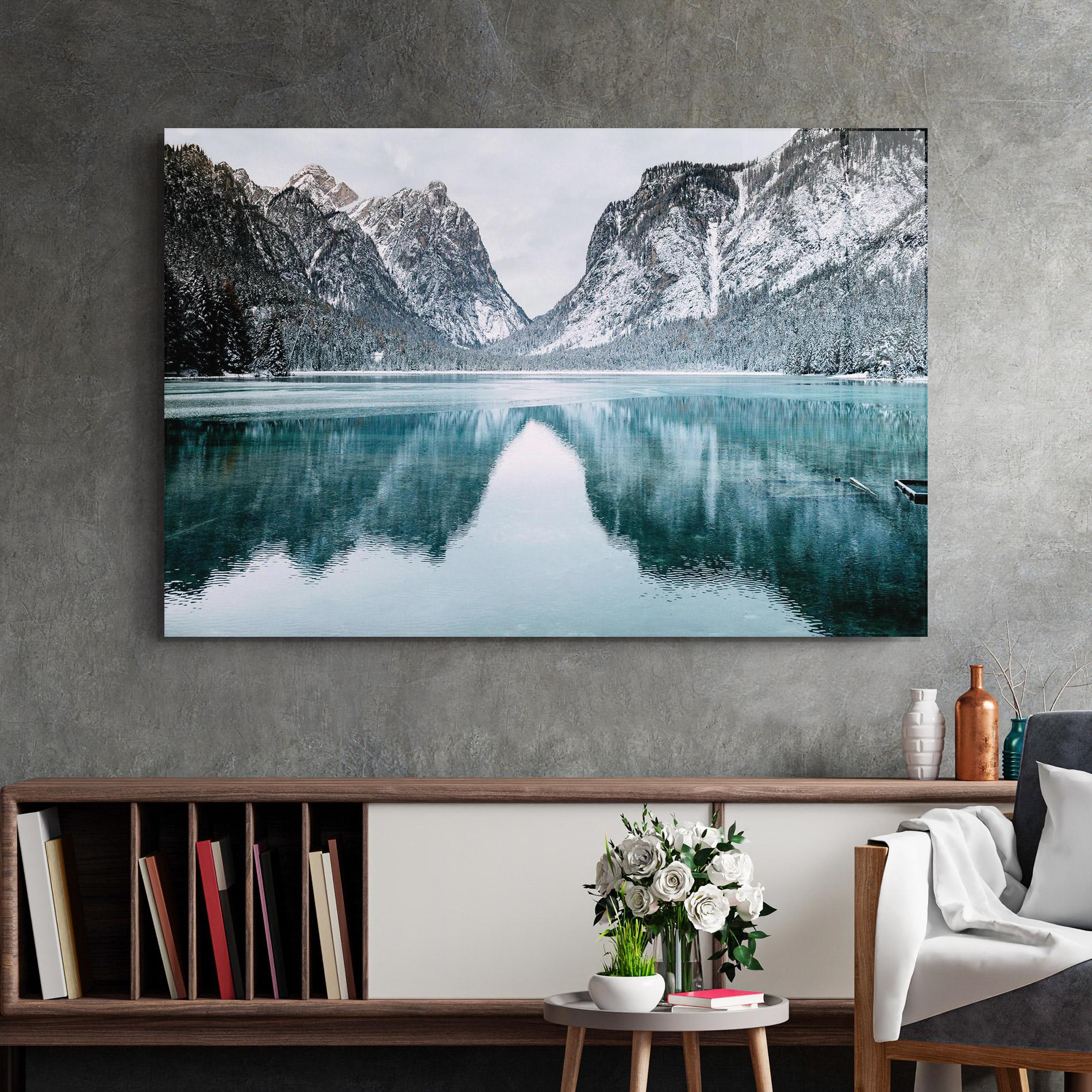Glasbild Lake Reflection Mountain mockup 2