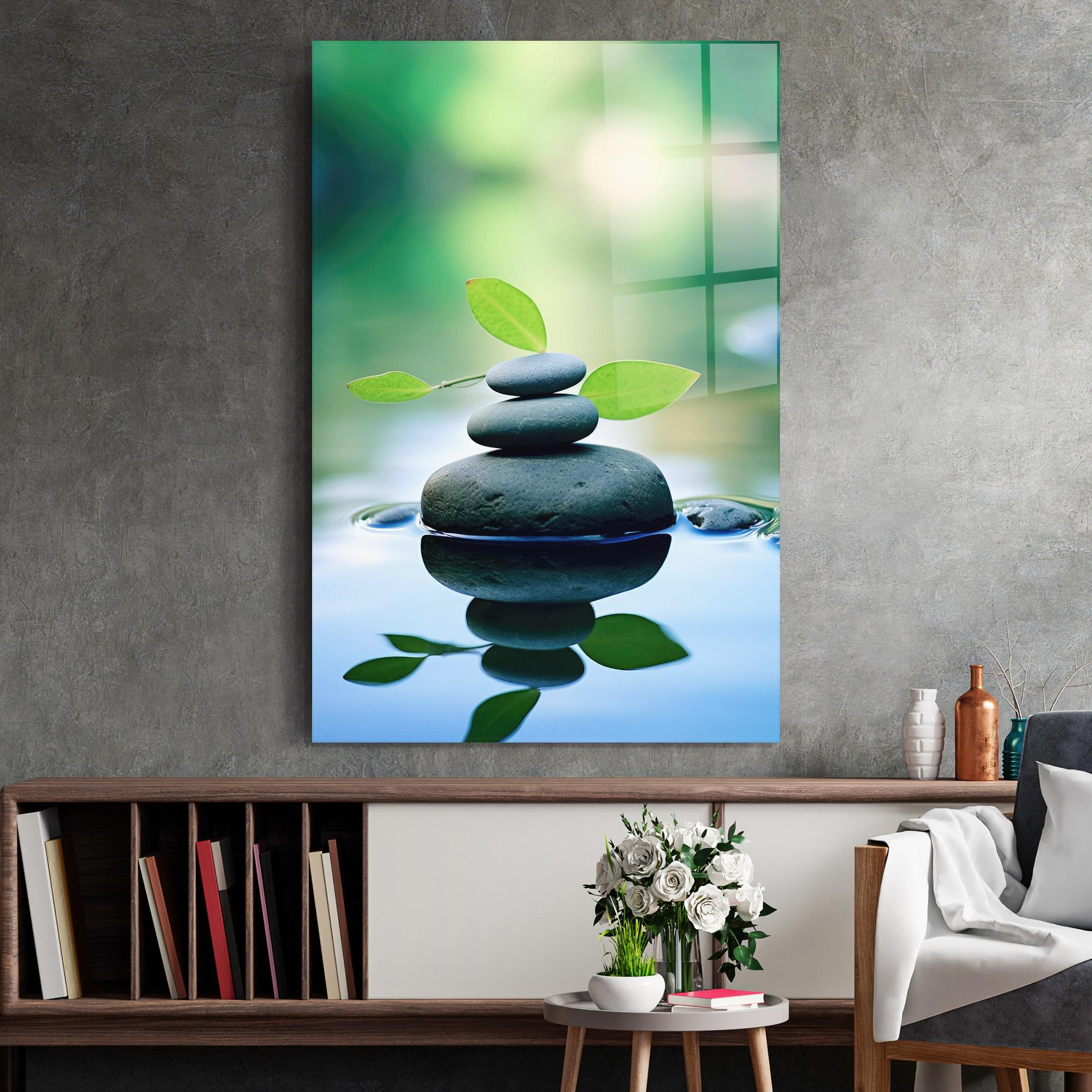 Glasbild Stones Green Leaves mockup 2