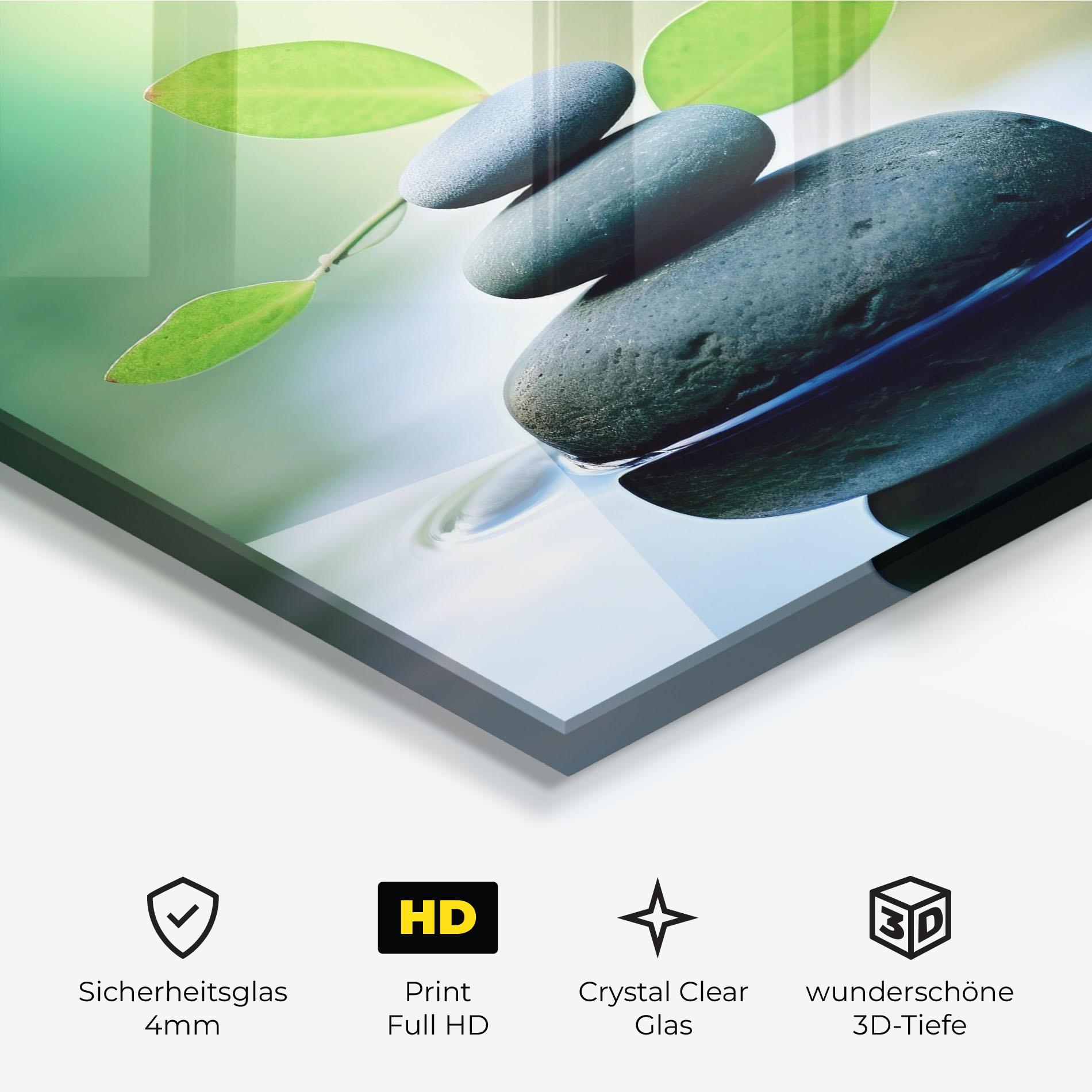 Glasbild Stones Green Leaves mockup 3