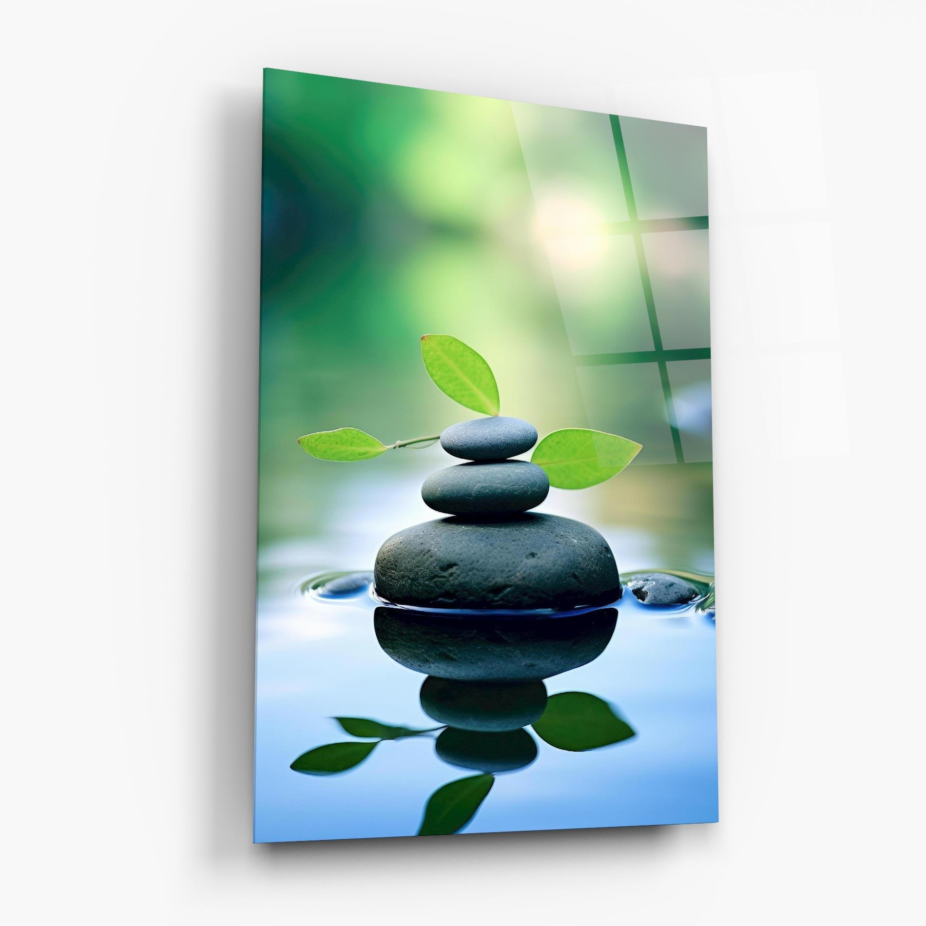 Glasbild Stones Green Leaves mockup 6