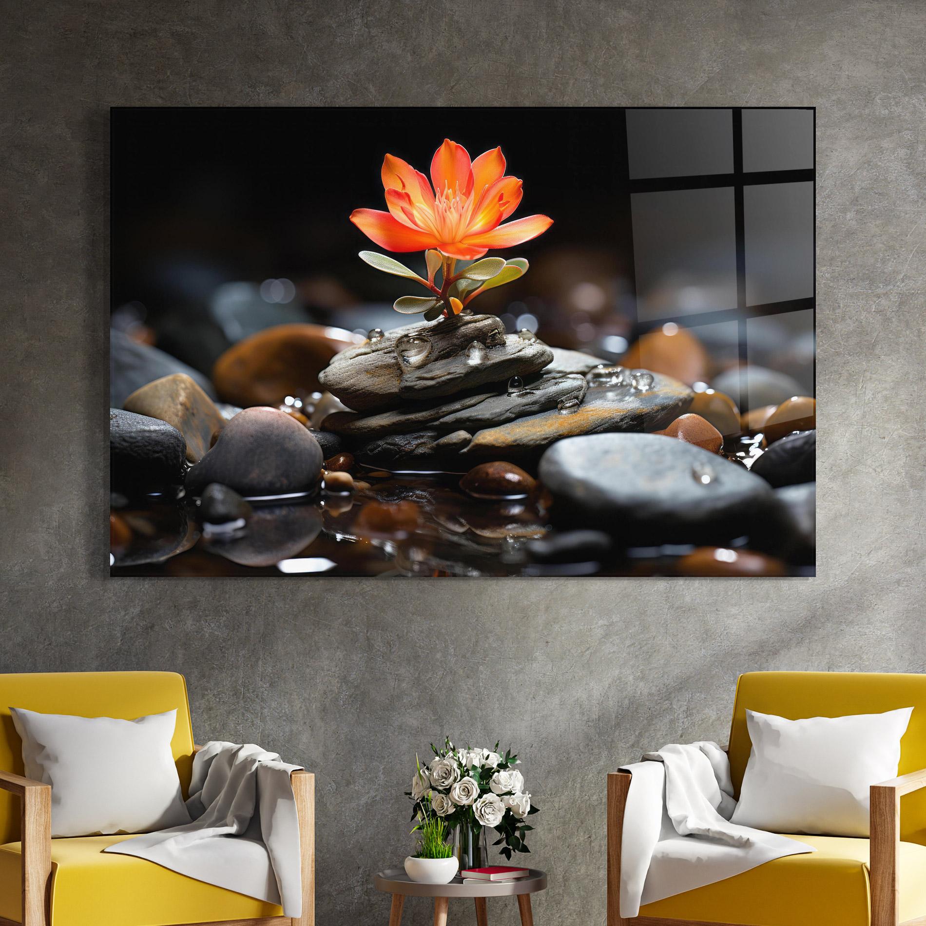Glasbild Orange Flower Stone mockup 4