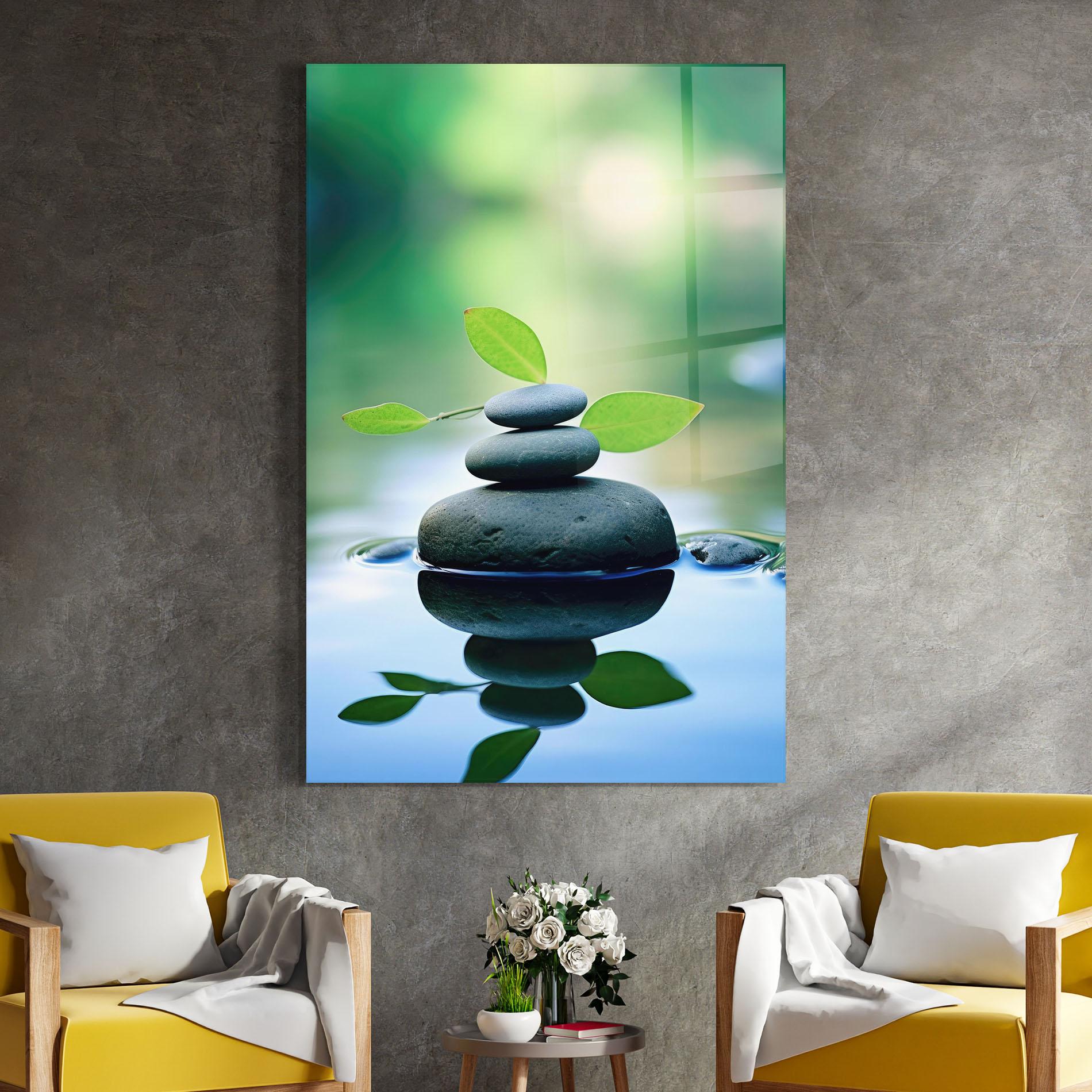 Glasbild Stones Green Leaves mockup 4
