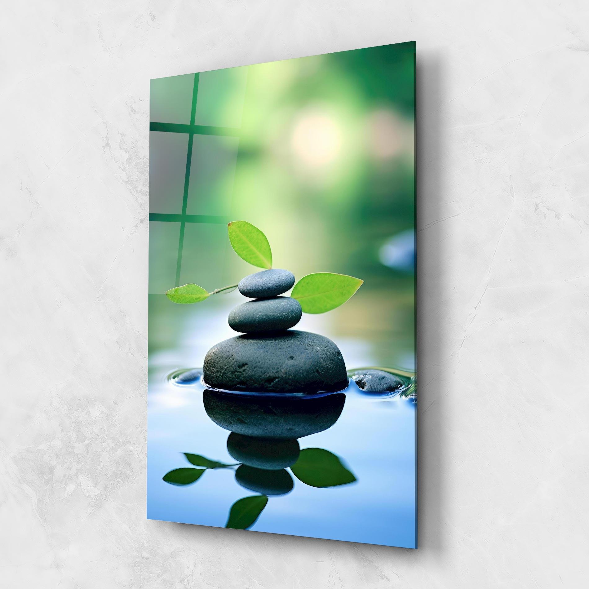 Glasbild Stones Green Leaves mockup 1