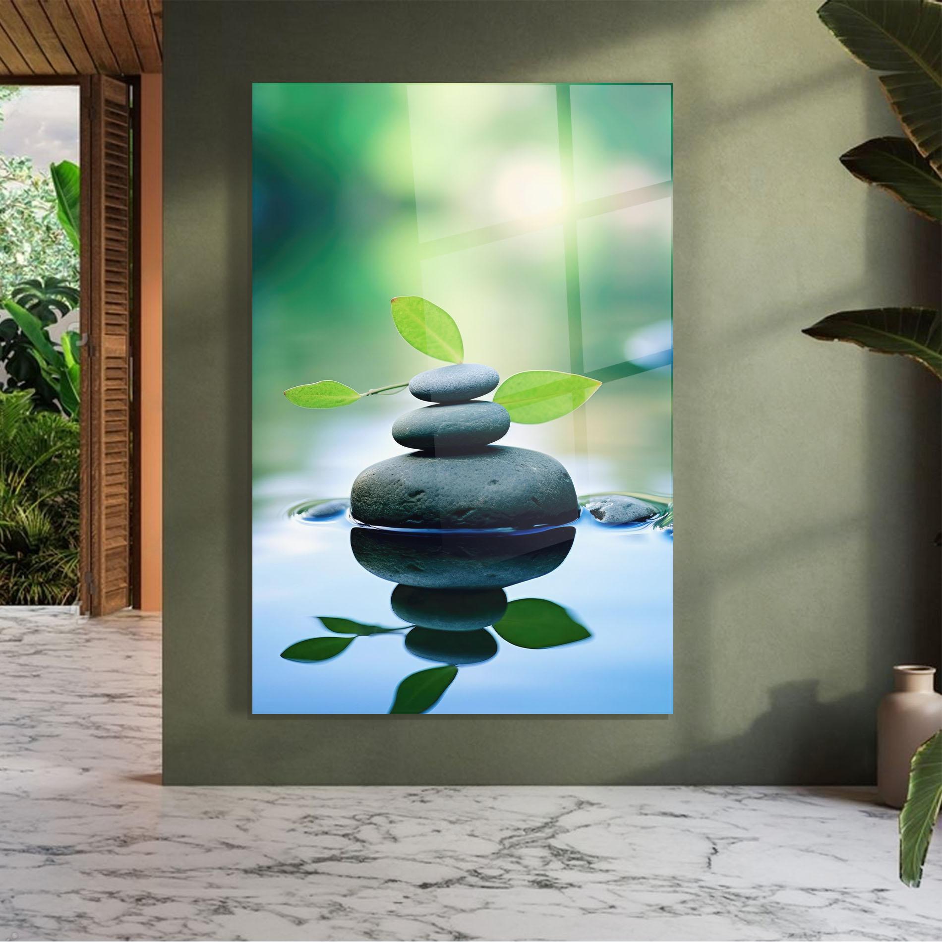 Glasbild Stones Green Leaves mockup 7