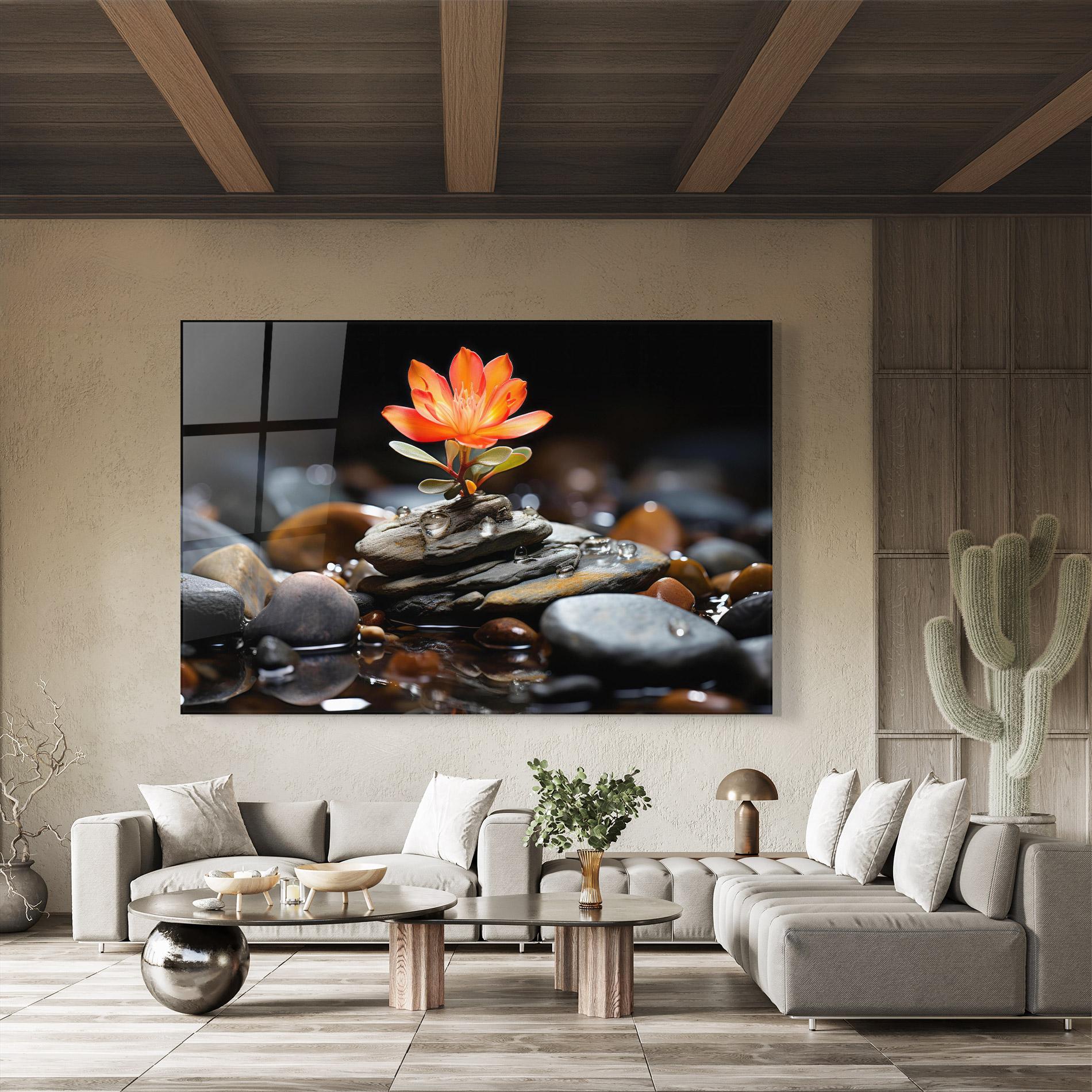Glasbild Orange Flower Stone mockup 8