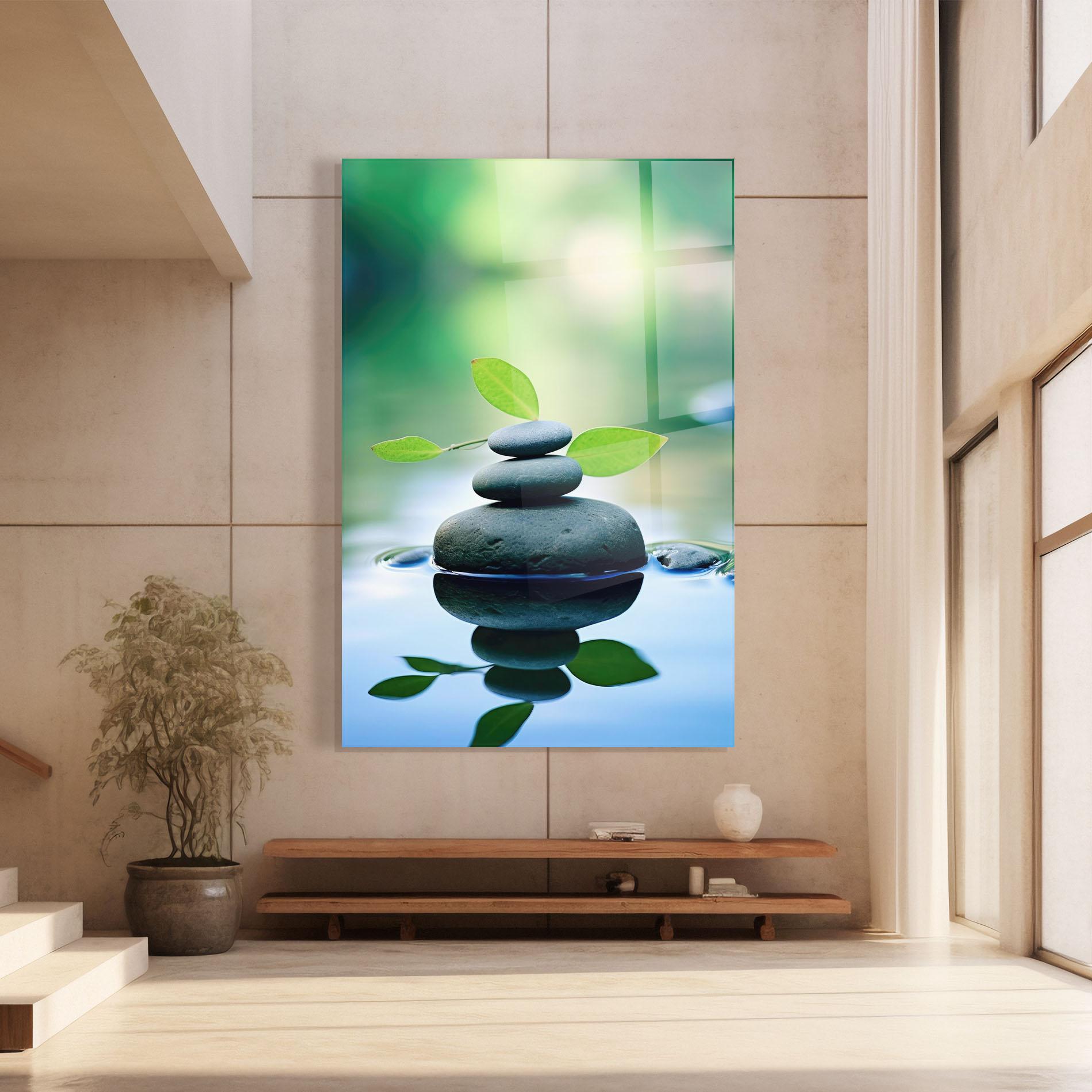 Glasbild Stones Green Leaves mockup 8
