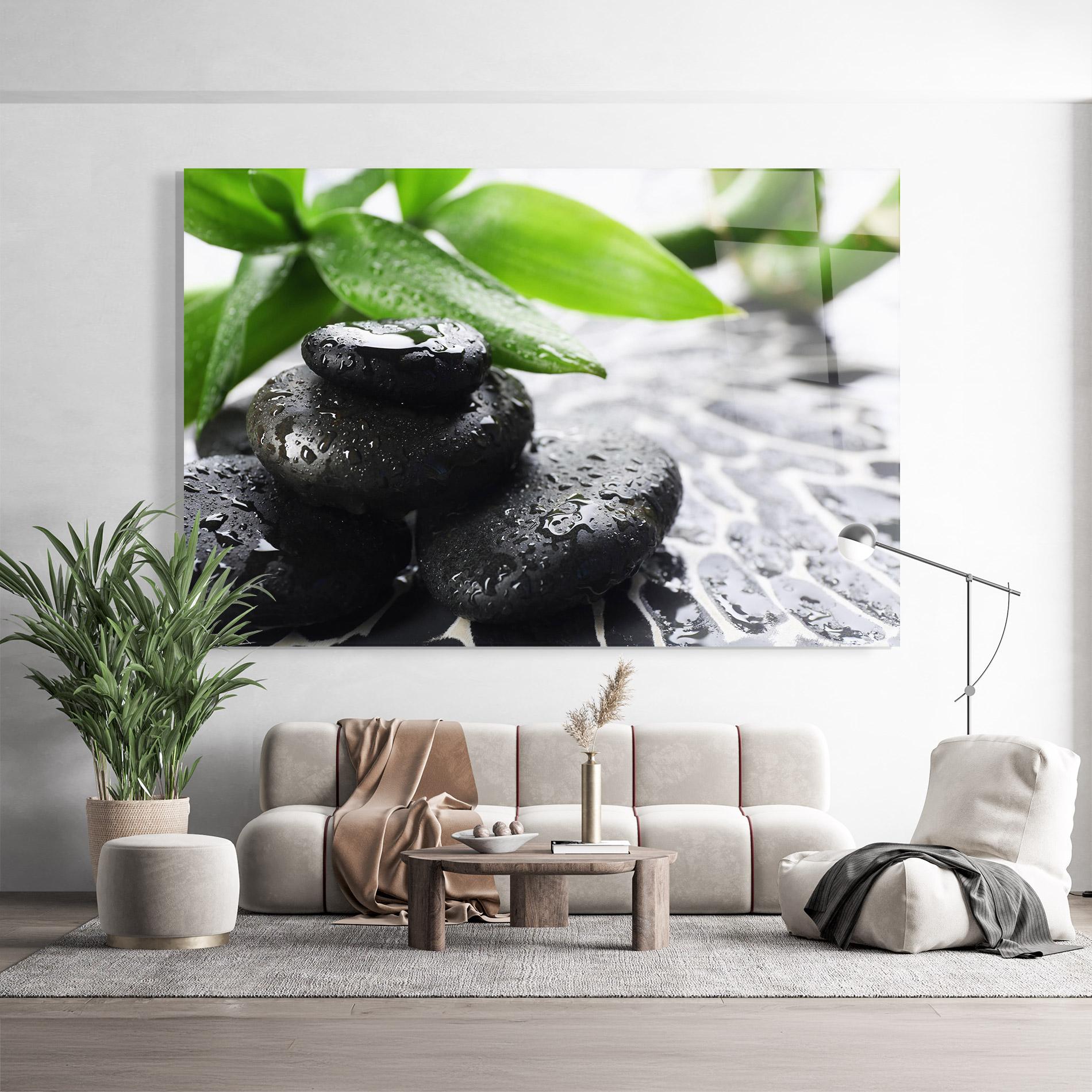 Glasbild Bamboo Branch Stones mockup 9