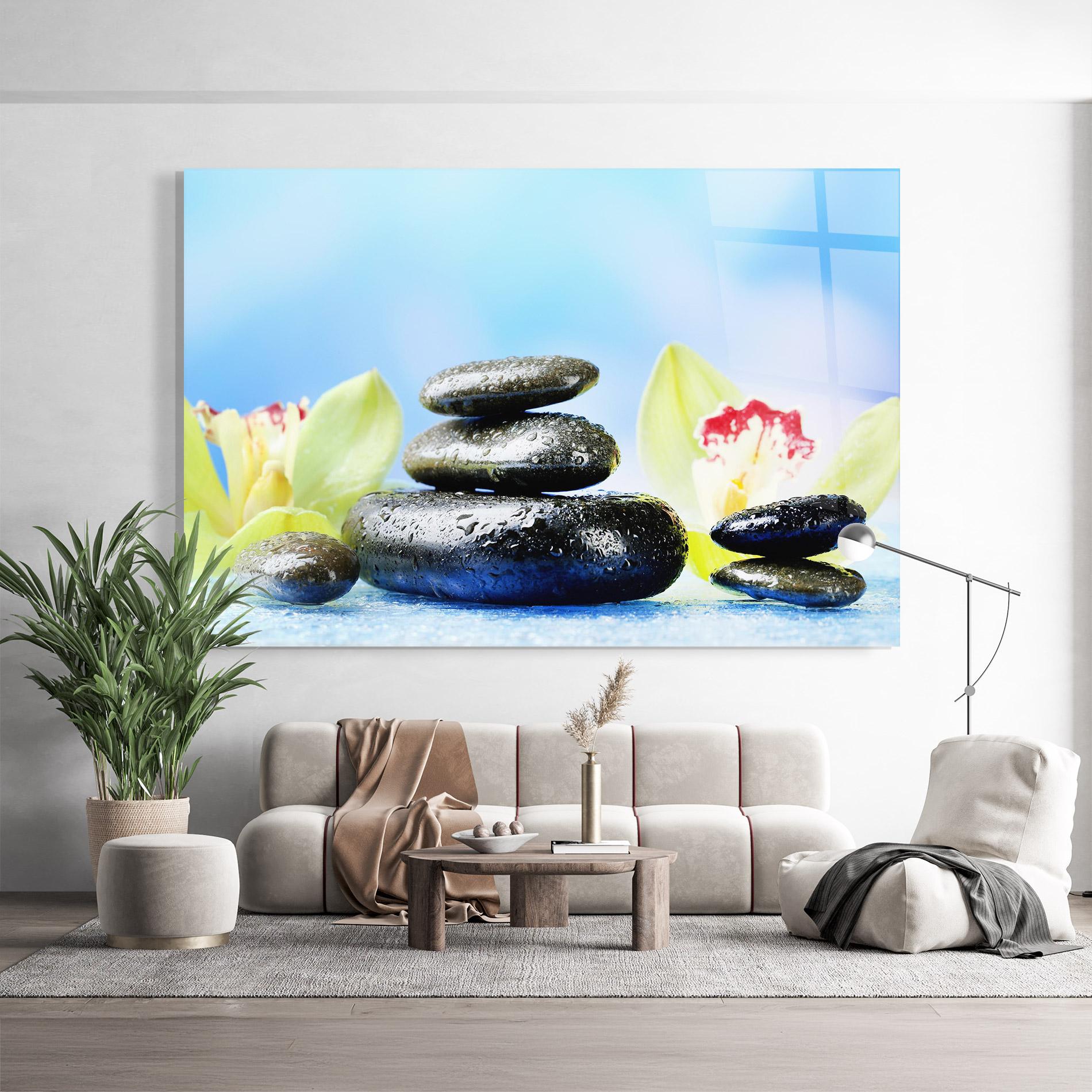 Glasbild Blooming Orchid Stone mockup 9