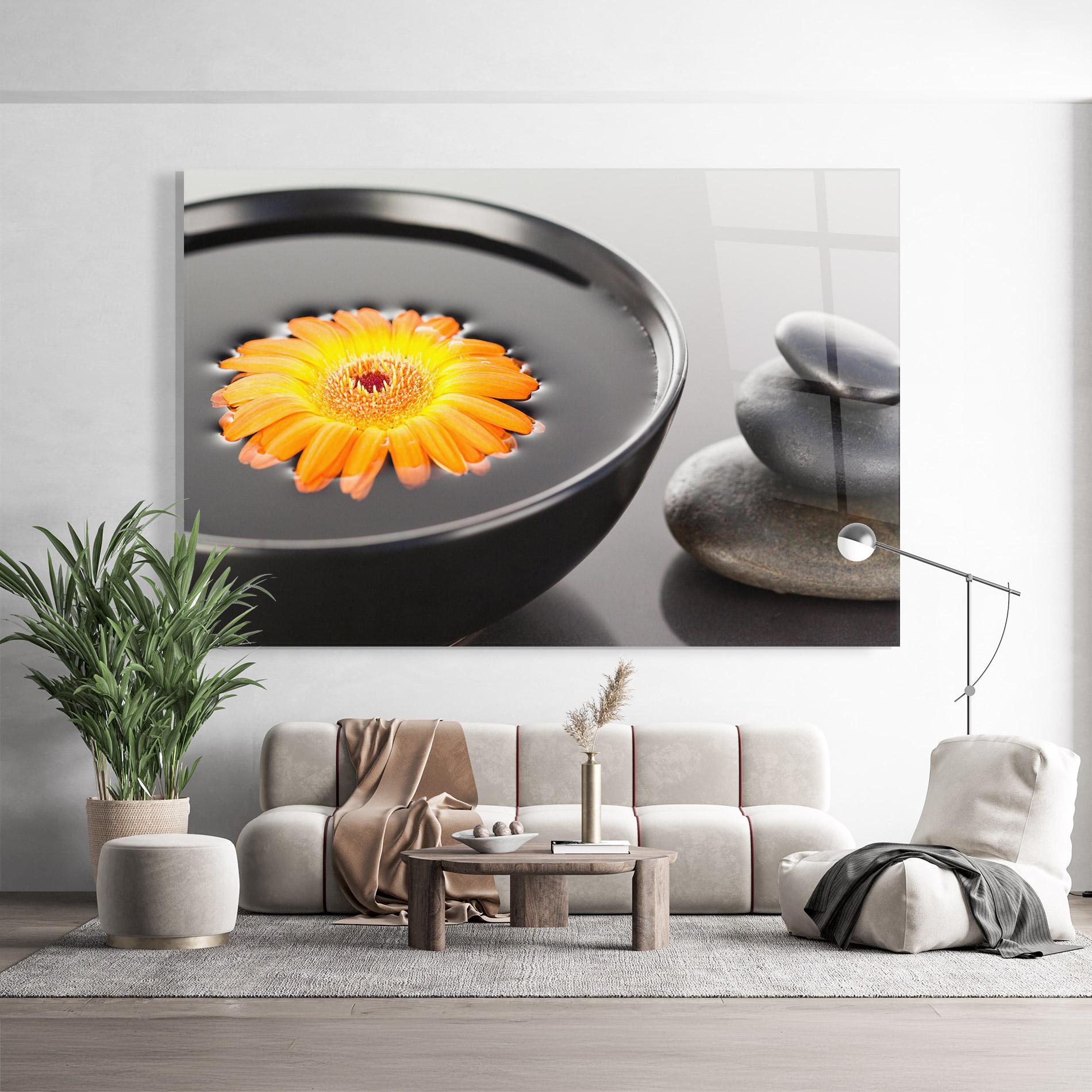 Glasbild Orange Flower Stones mockup 9