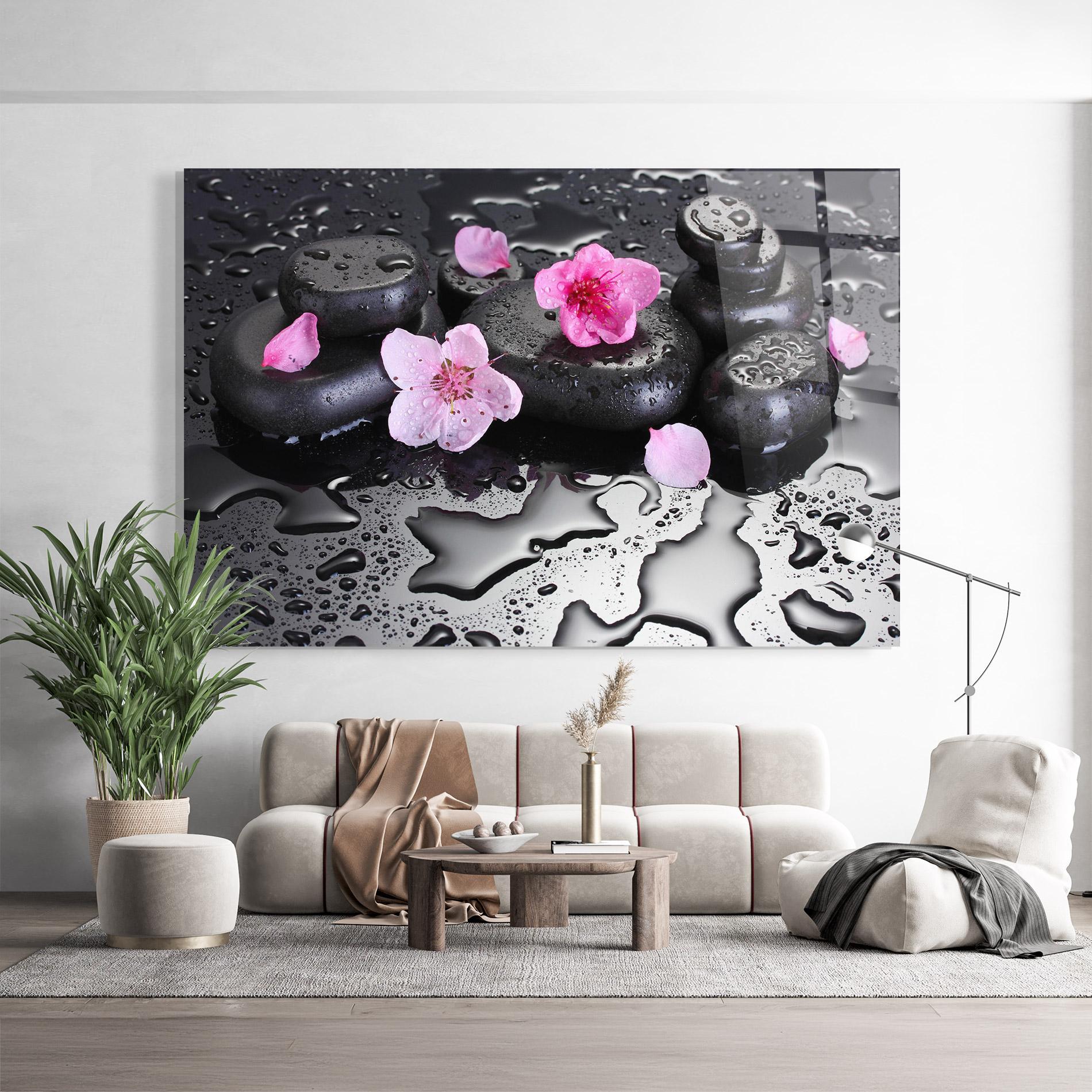 Glasbild Pink Flowers Stones mockup 9