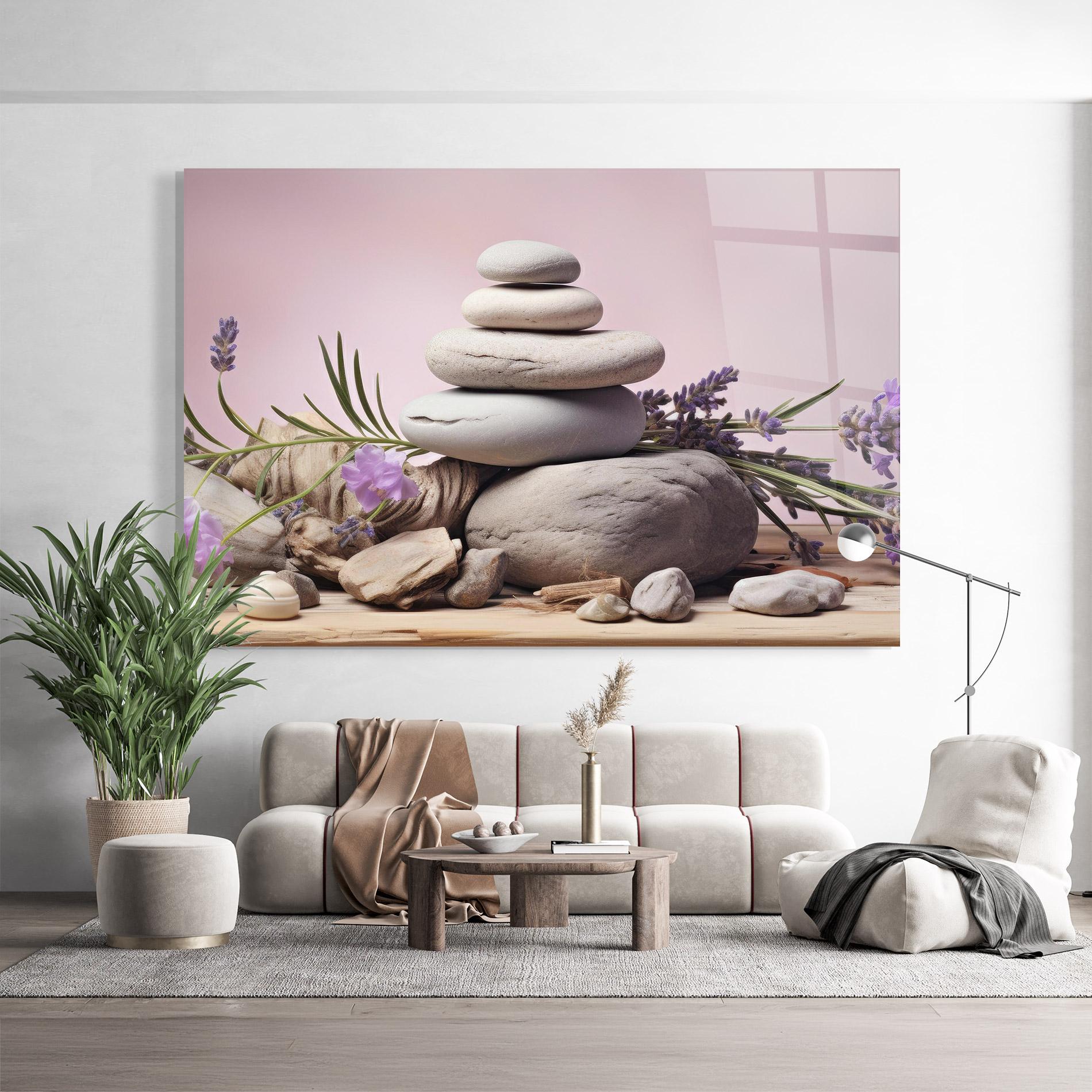 Glasbild Purple Flower Stones mockup 9