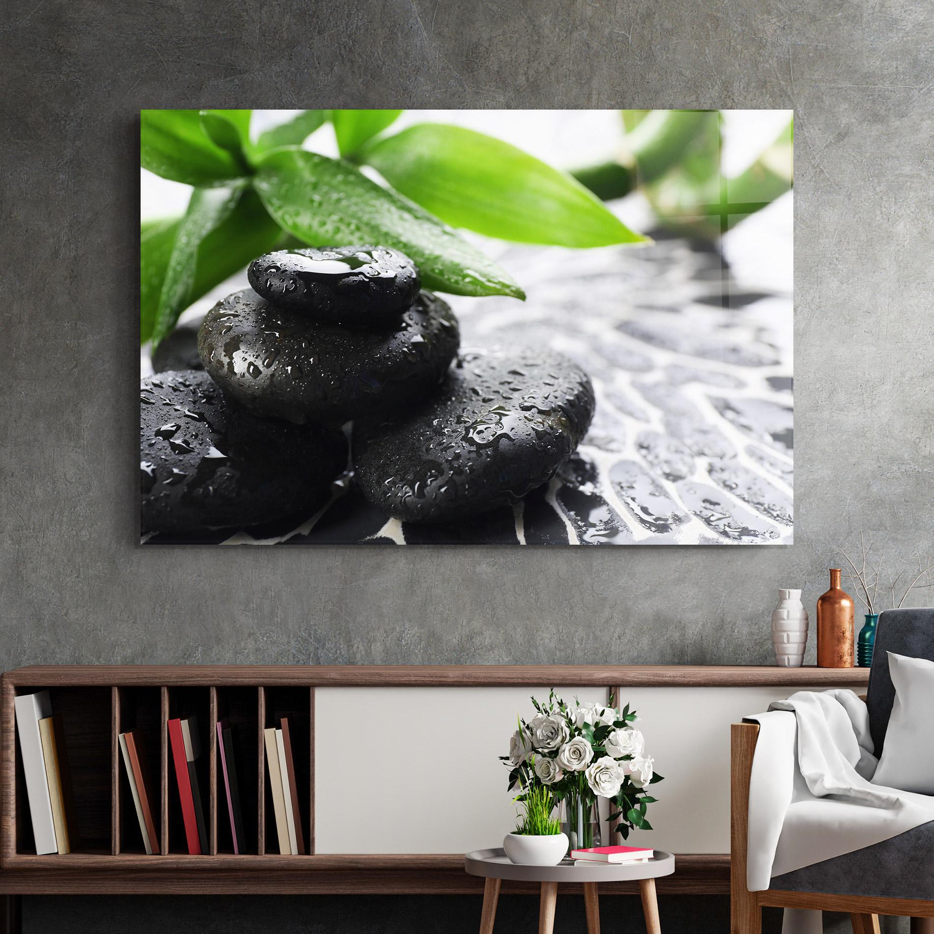 Glasbild Bamboo Branch Stones mockup 2