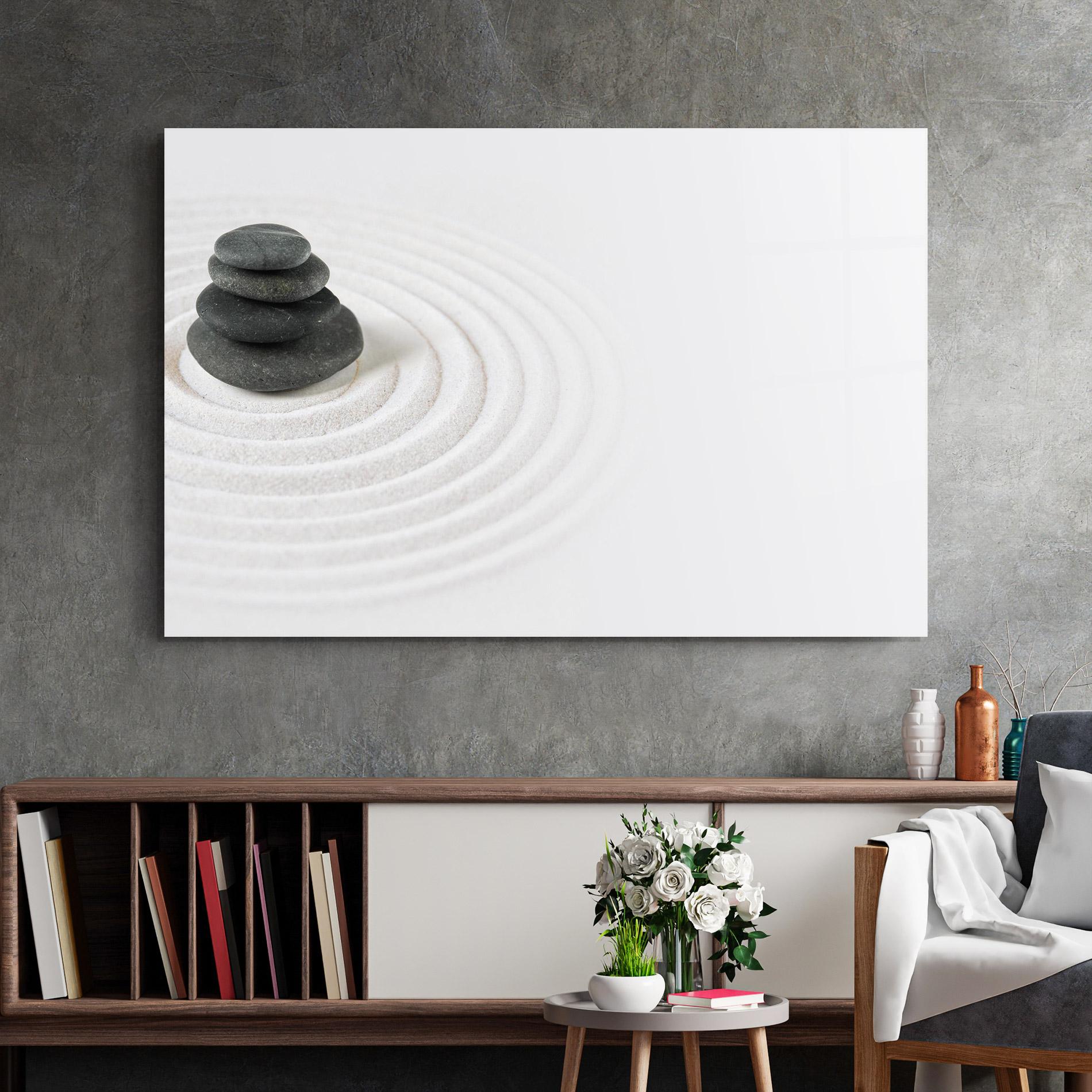 Glasbild Black Stones Sand mockup 2