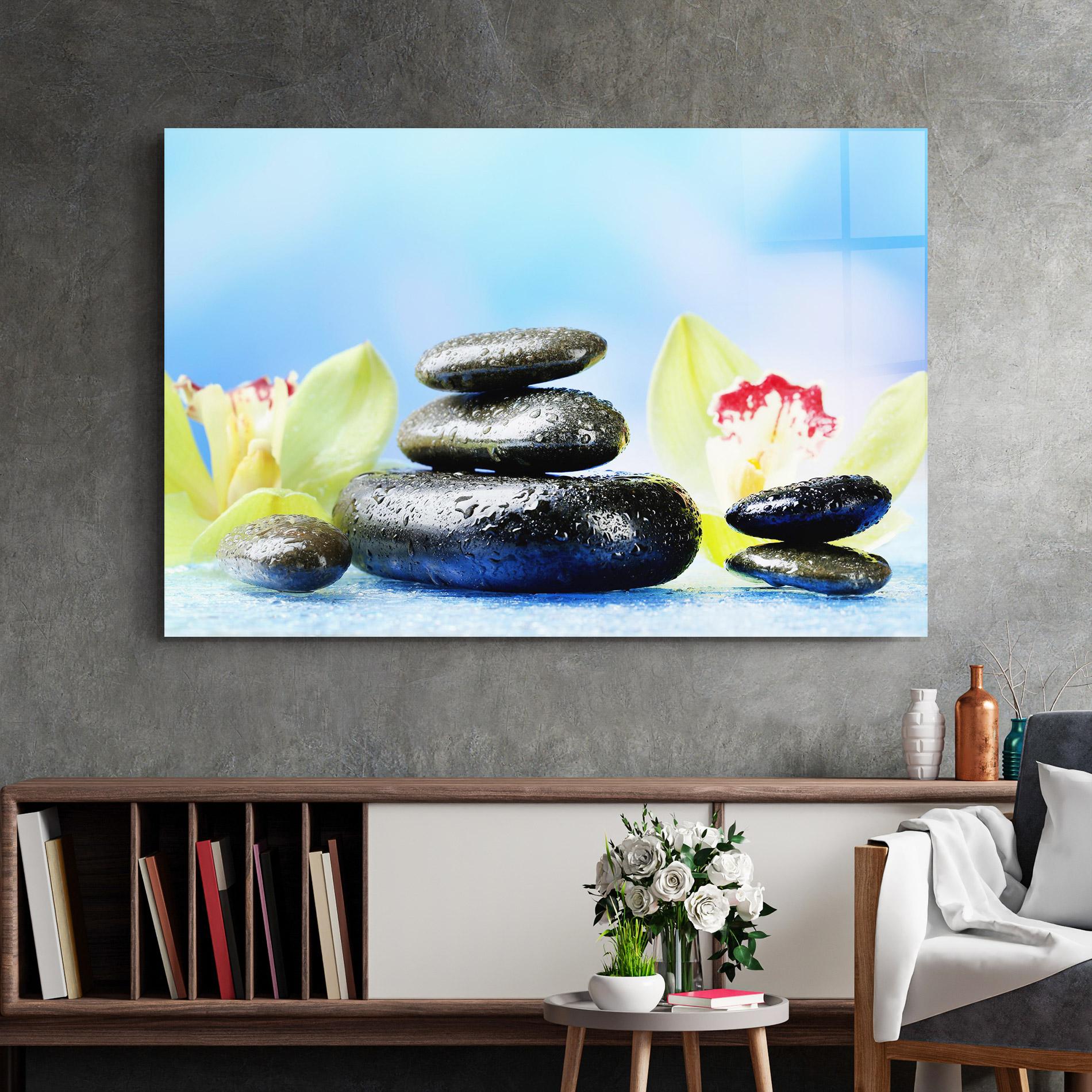 Glasbild Blooming Orchid Stone mockup 2