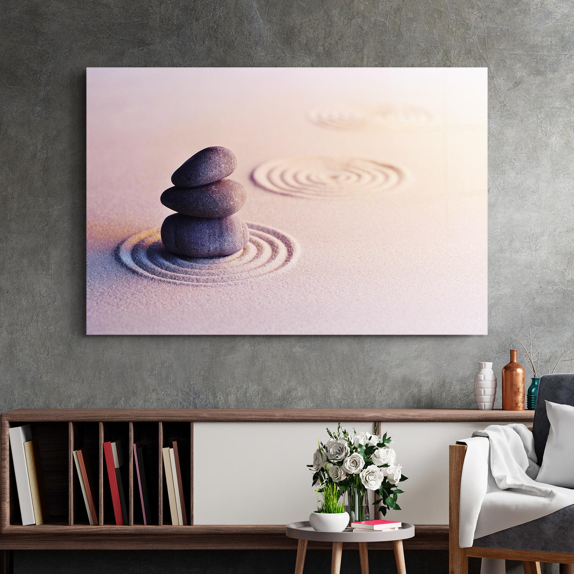 Glasbild Meditation Stones Sand mockup 2