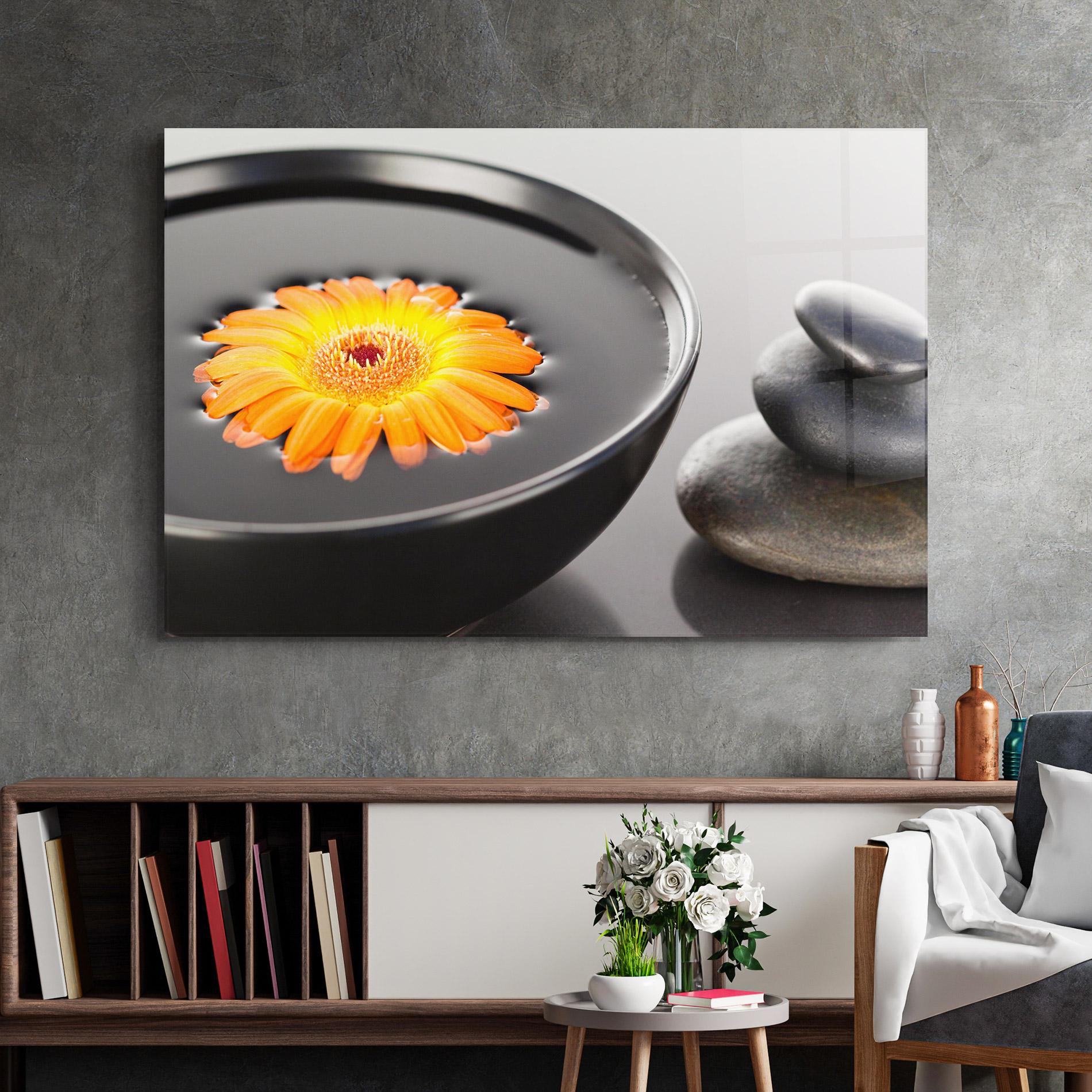 Glasbild Orange Flower Stones mockup 2
