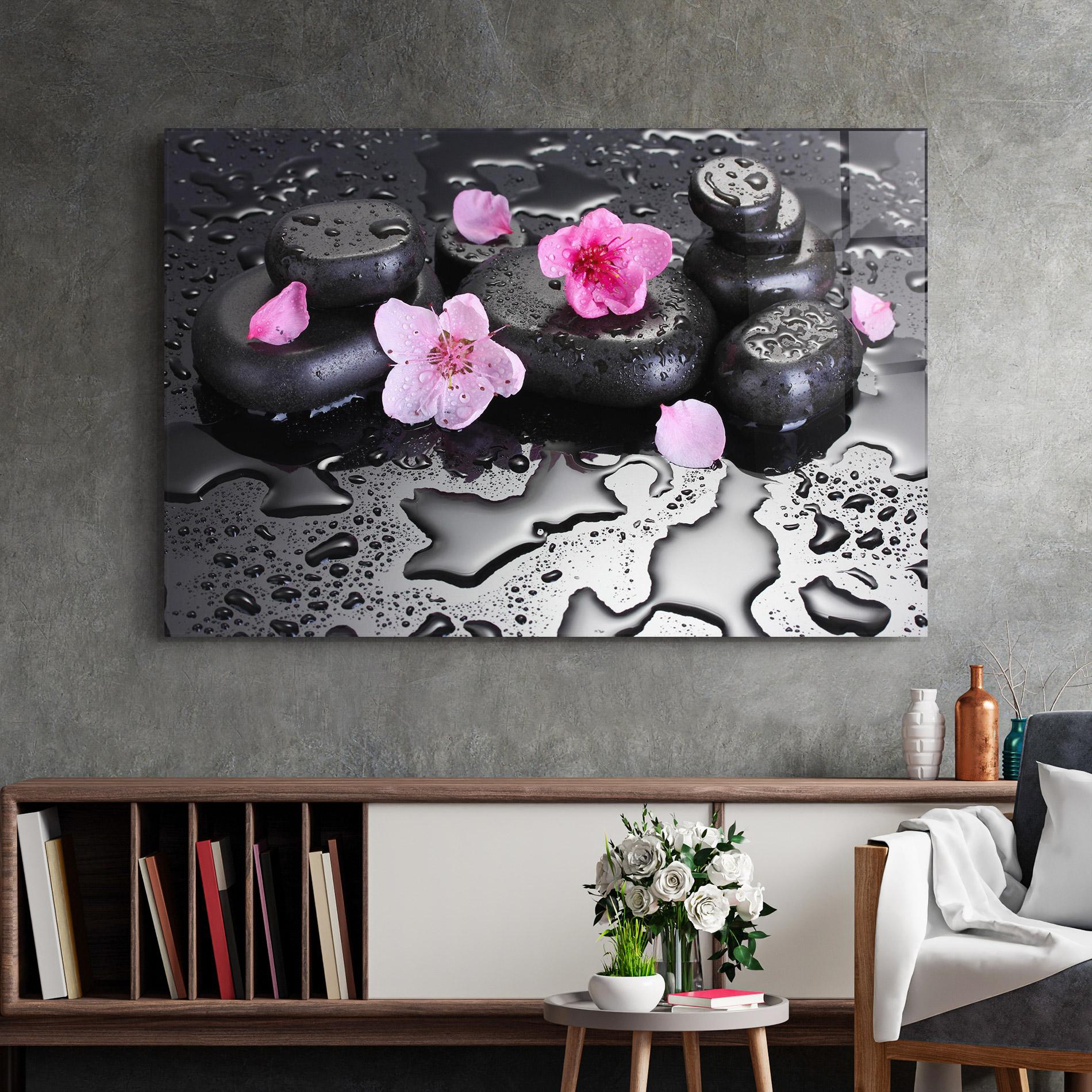 Glasbild Pink Flowers Stones mockup 2
