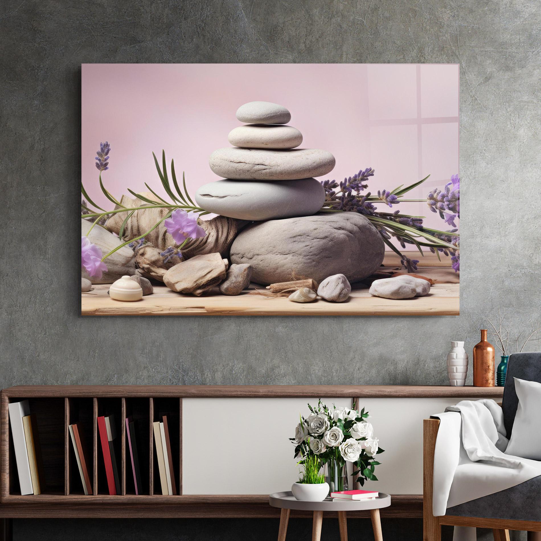 Glasbild Purple Flower Stones mockup 2
