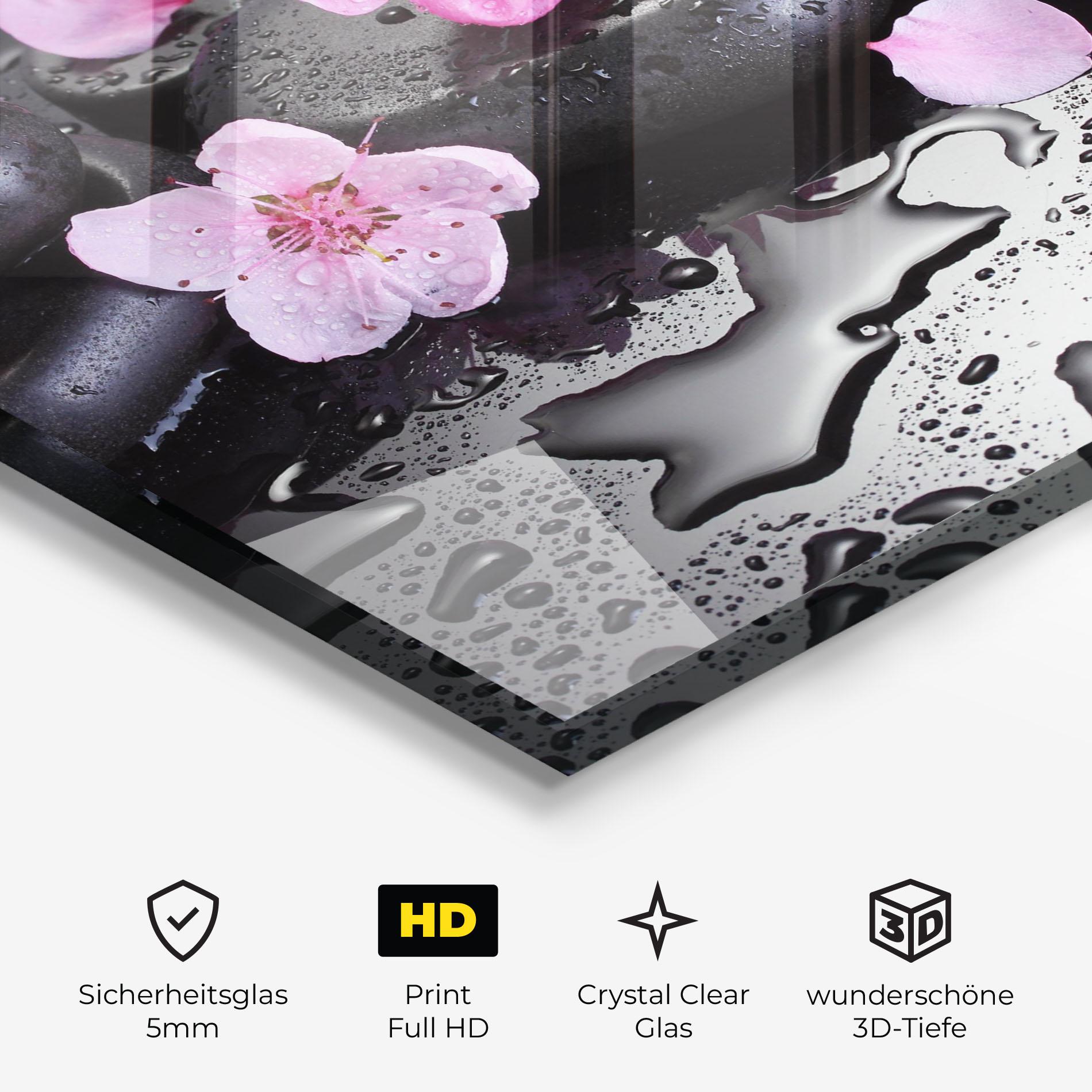 Glasbild Pink Flowers Stones mockup 3