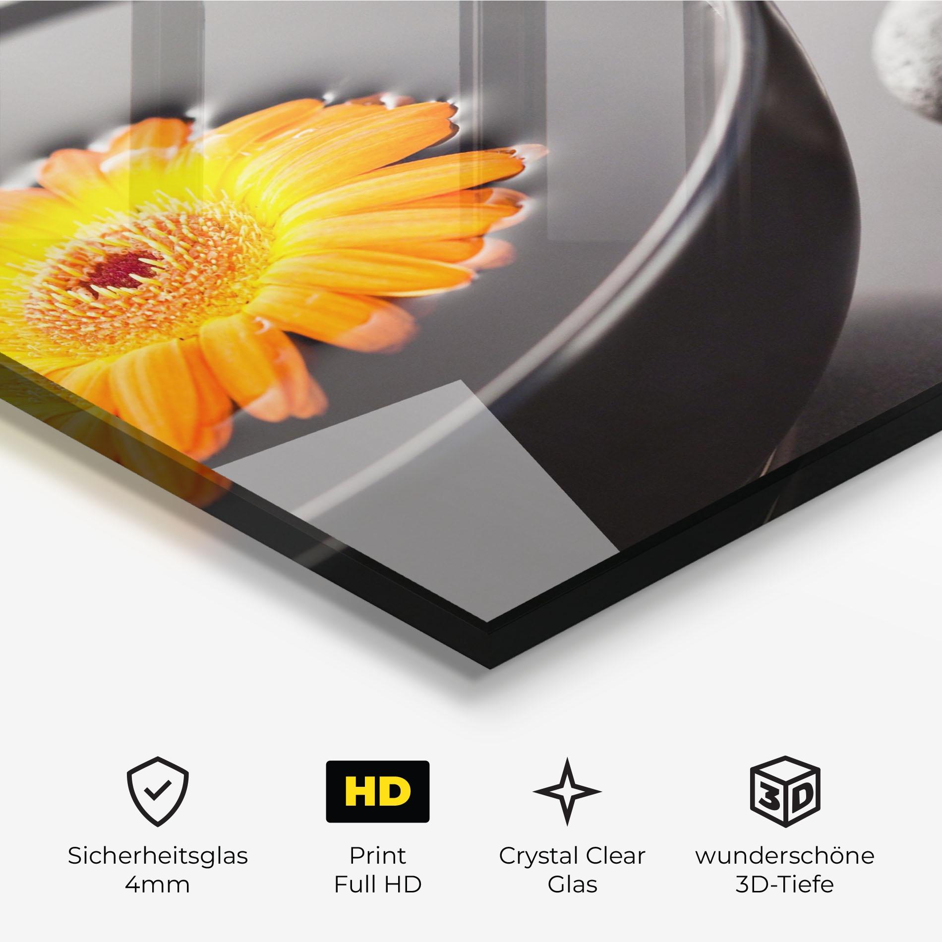 Glasbild Orange Flower Stones mockup 3