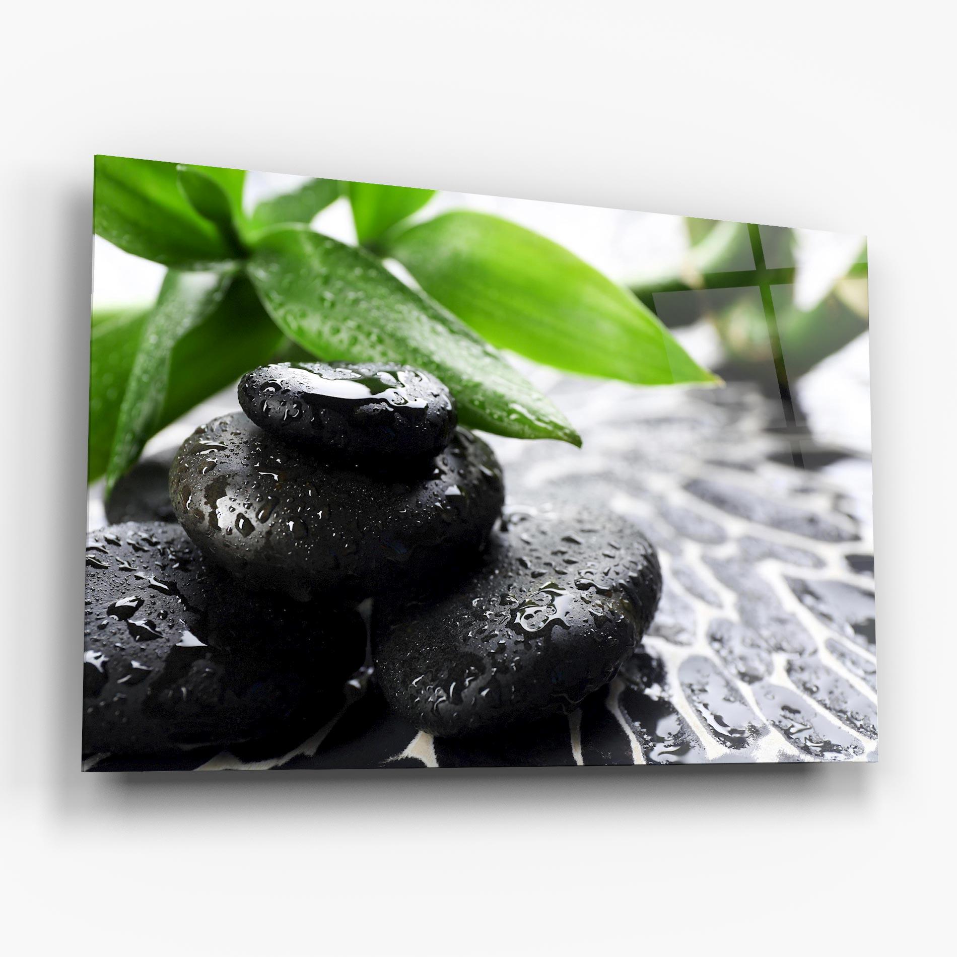 Glasbild Bamboo Branch Stones mockup 6