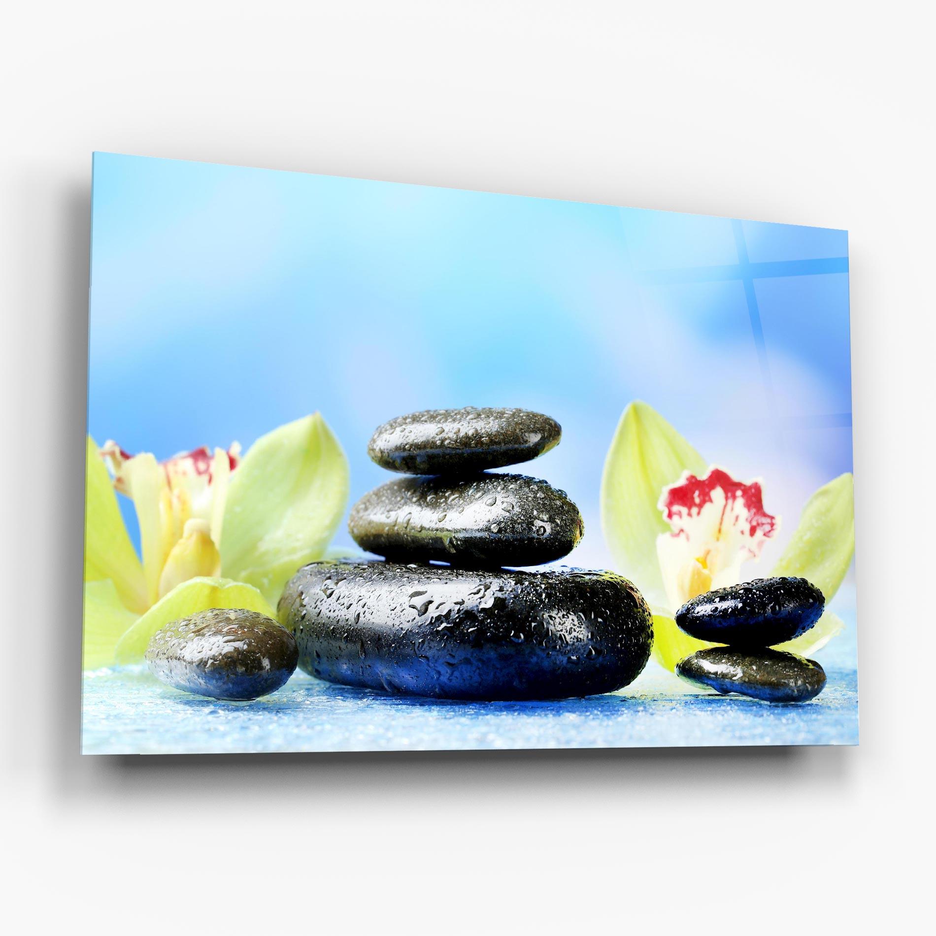 Glasbild Blooming Orchid Stone mockup 6