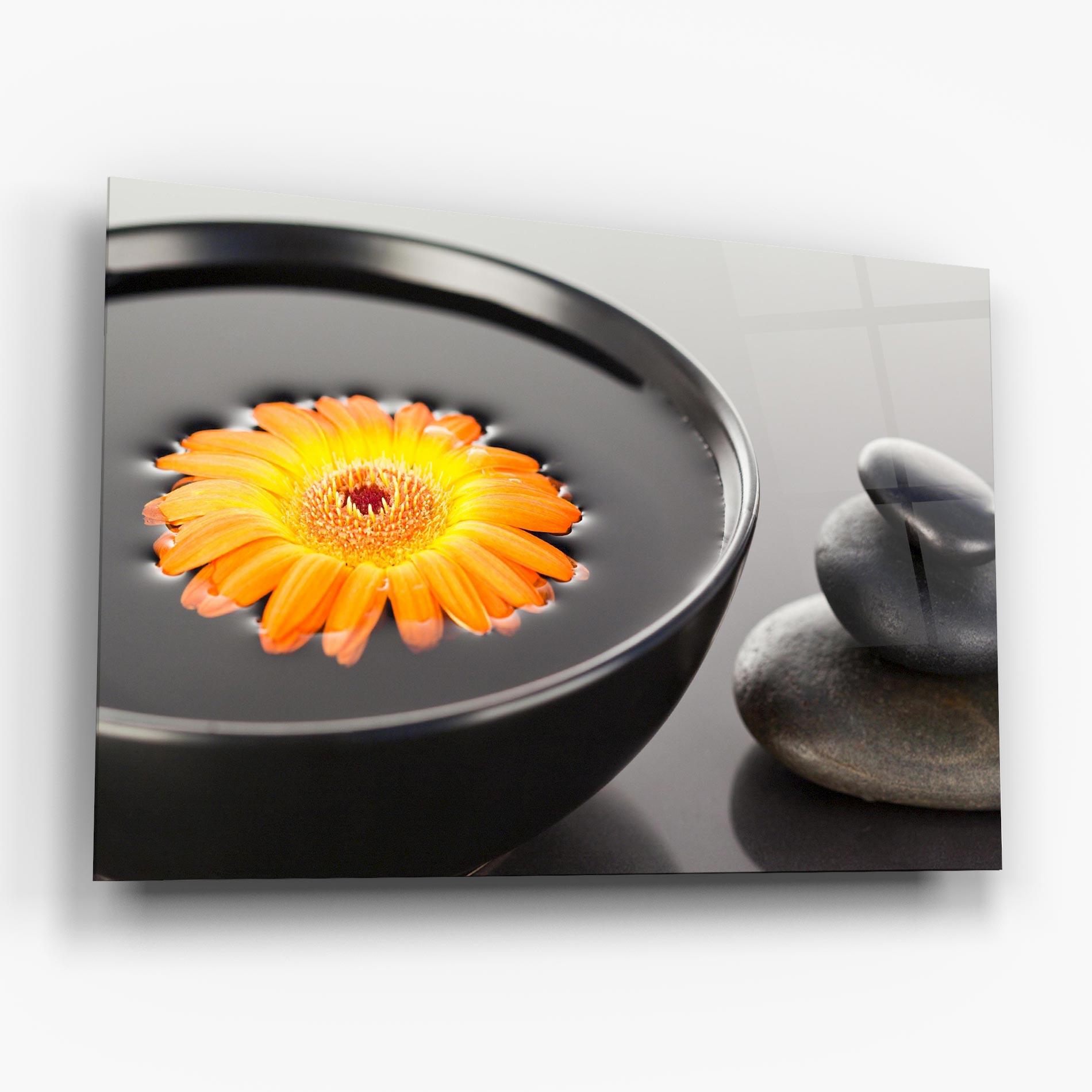 Glasbild Orange Flower Stones mockup 6